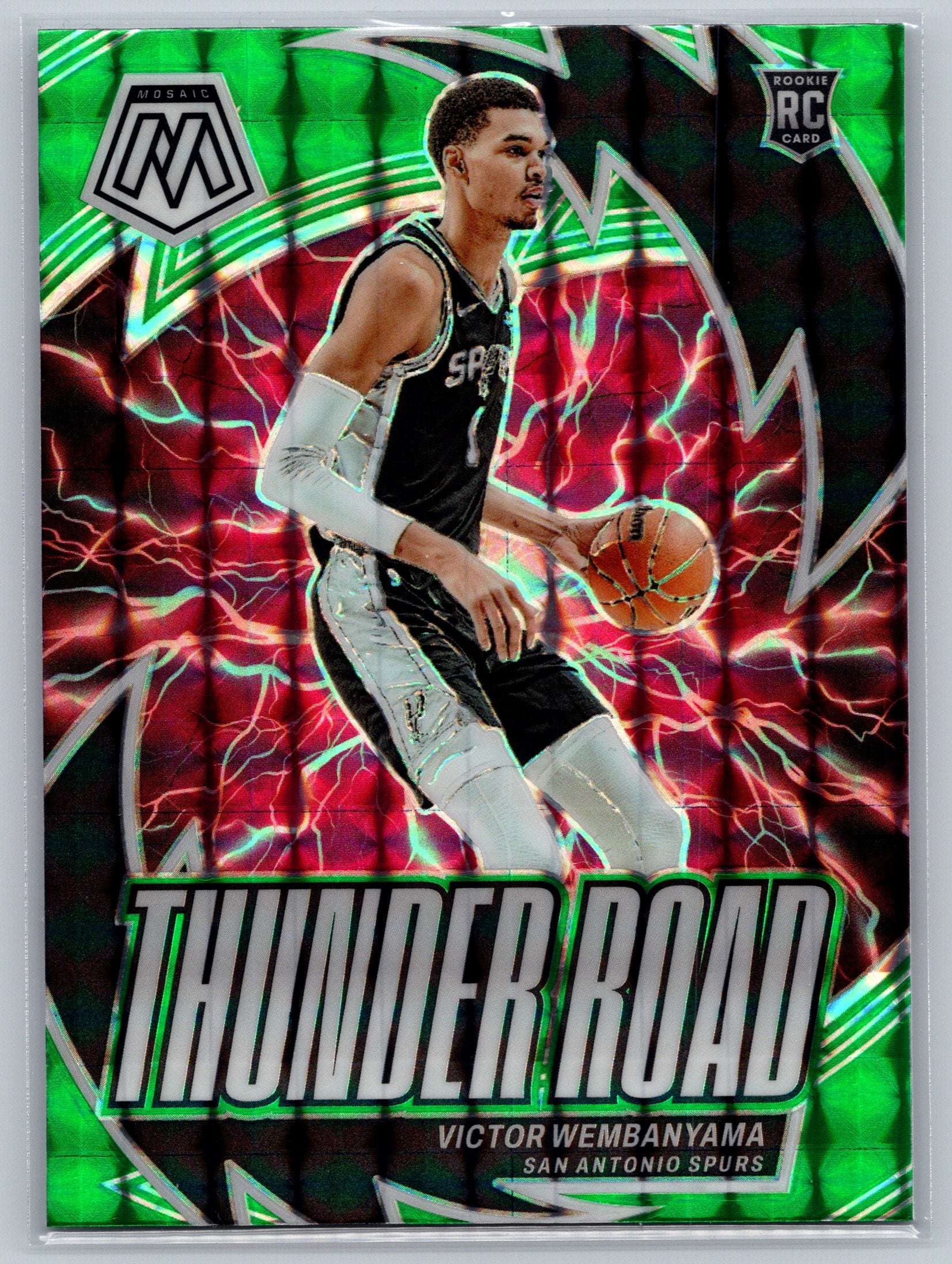 Basketball trading card featuring a player in action with 'Thunder Road' and 'Mega' branding.