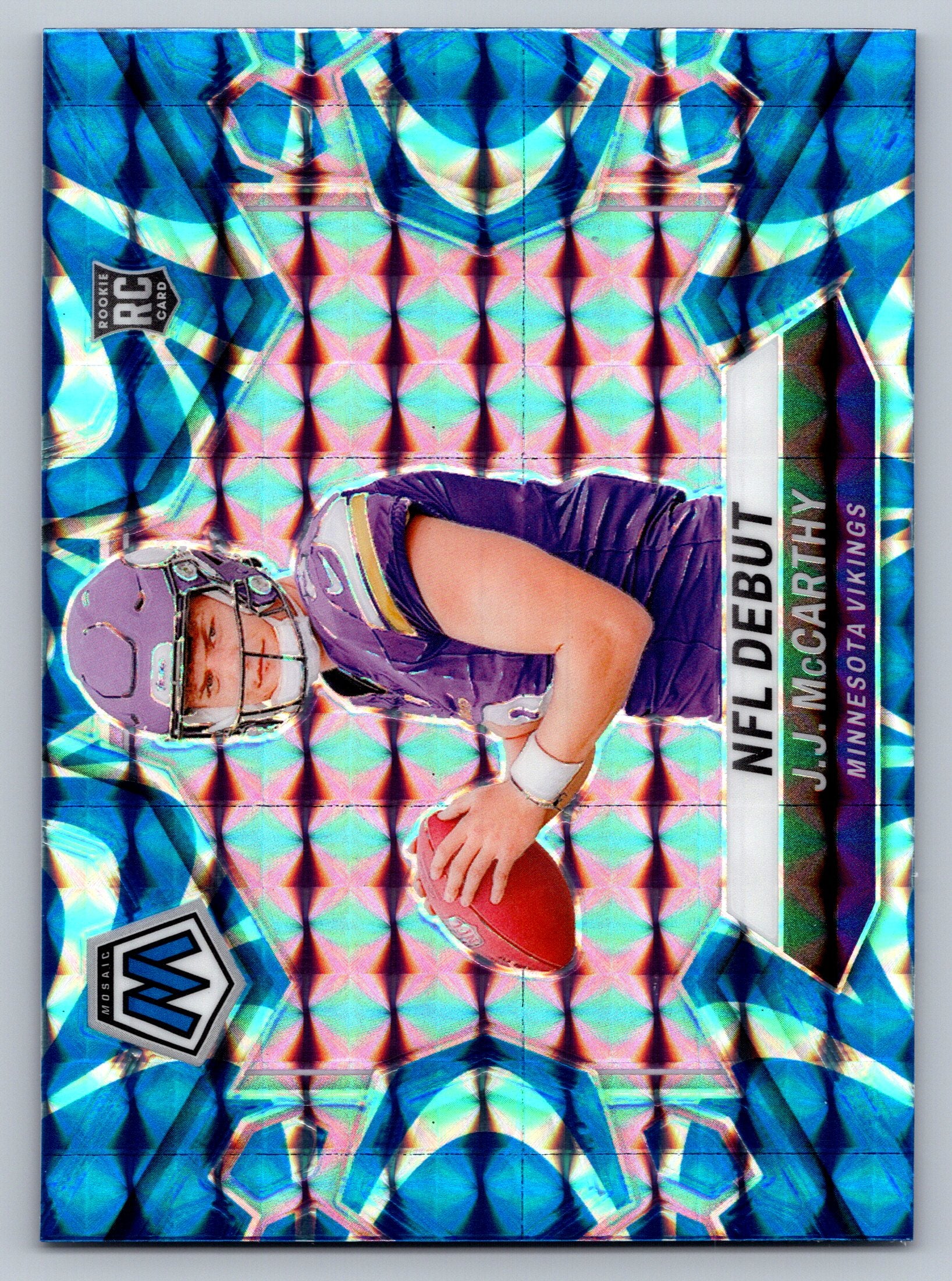 Baseball trading card with a player in a purple uniform on a colorful abstract background