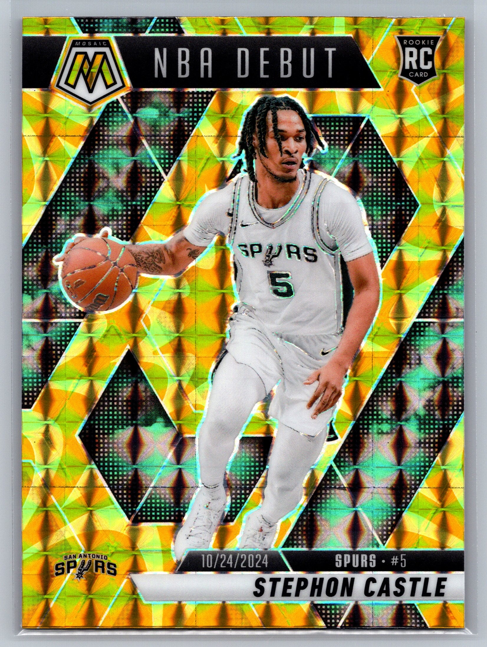 2024 Panini Mosaic Stephon Castle NBA Debut Yellow Reactive Rookie Card #267
