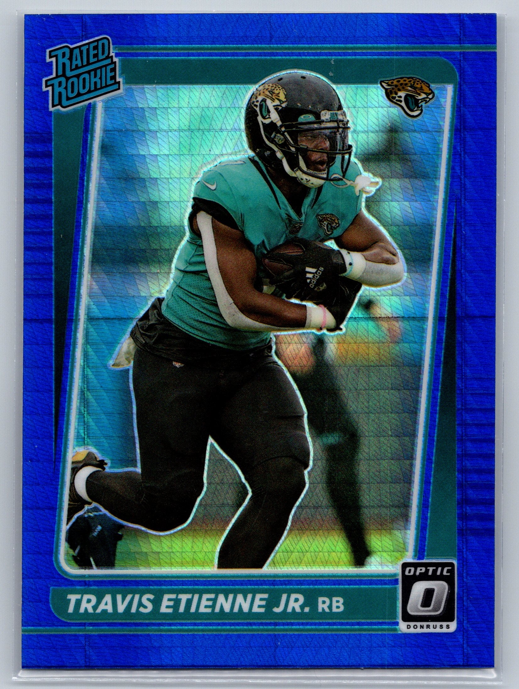 2021 Panini Optic Travis Etienne Jr. Blue Hyper Rated Rookie Card #214