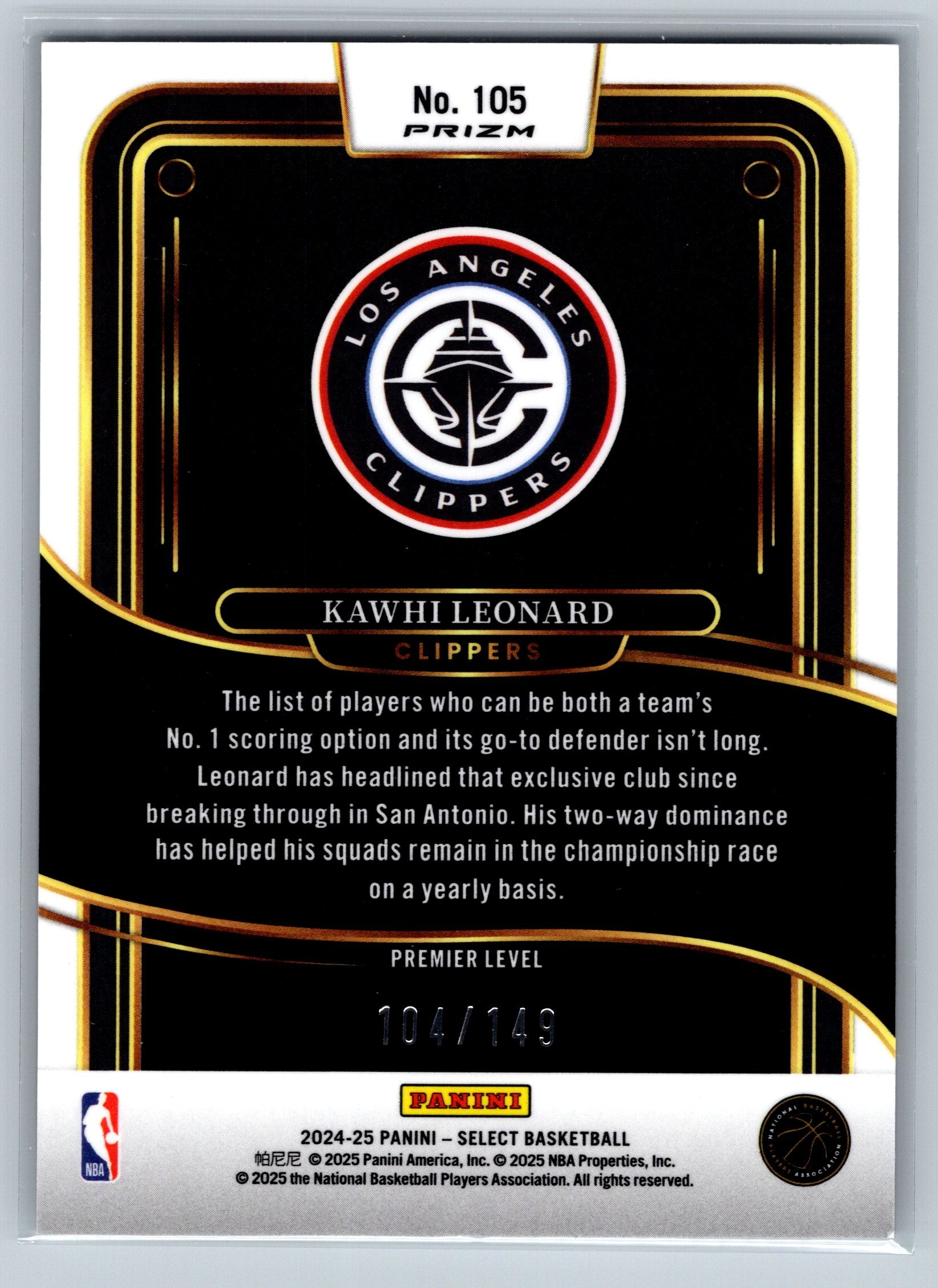 2024 Panini Select Kawhi Leonard White Premier Level /149 #105