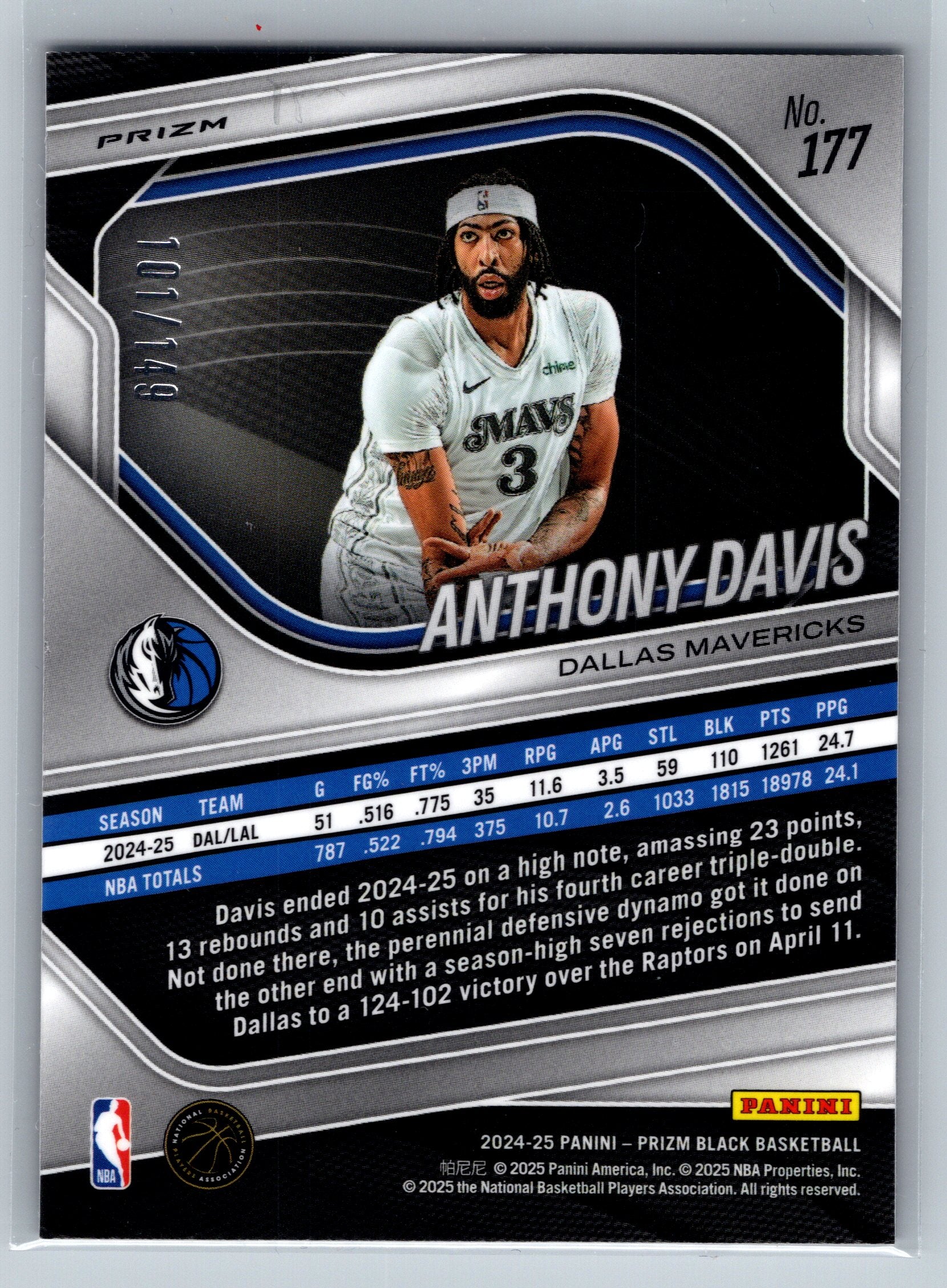 2024 Panini Prizm Black Anthony Davis Purple Ice /149 #177