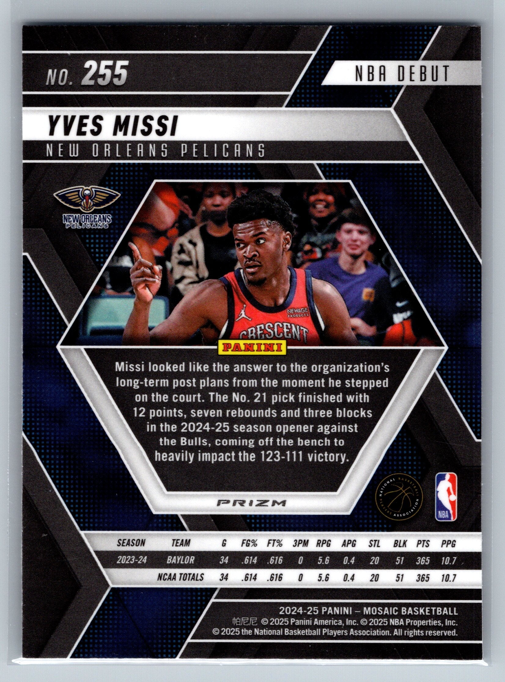 2024 Panini Mosaic Yves Missi Mosaic NBA Debut Rookie Card #