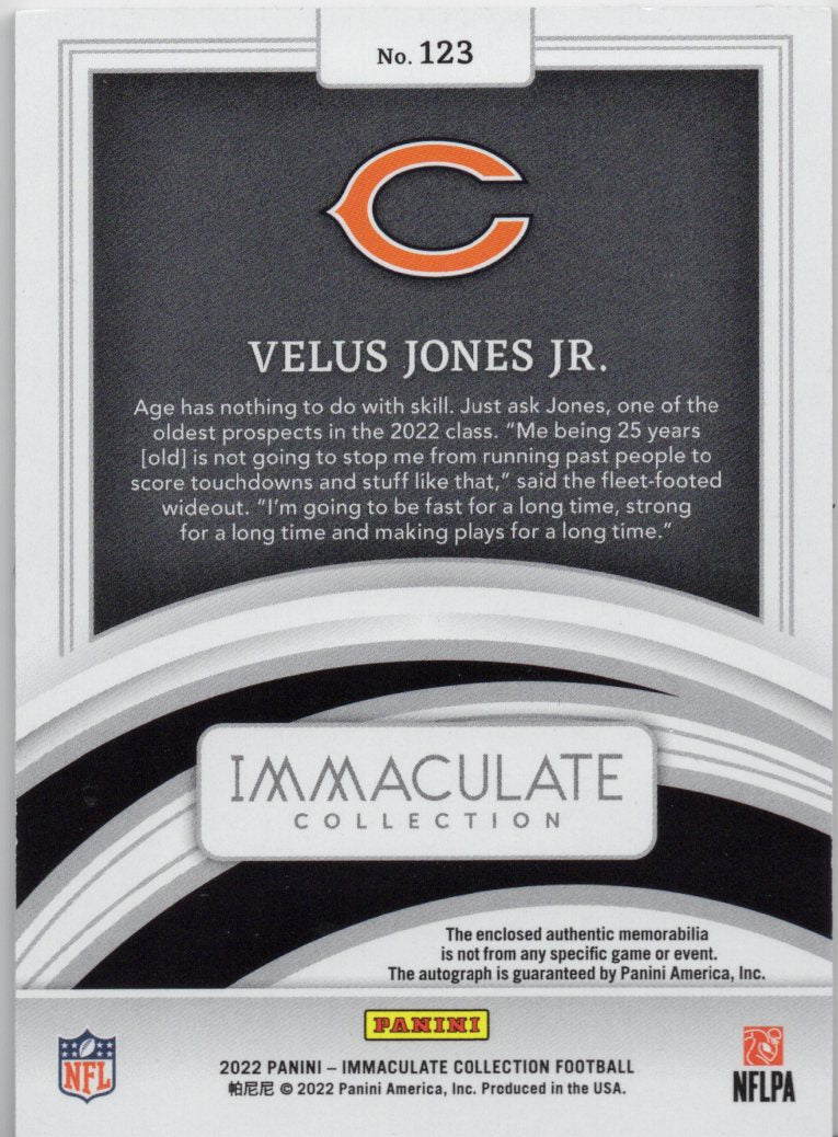 2022 Panini Immaculate Velus Jones Rookie Patch Autograph #123