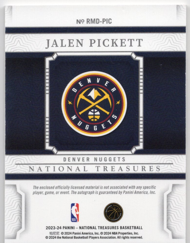 2023 Panini National Treasures Jalen Pickett Rookie Dual Patch Autograph #RMD-PIC