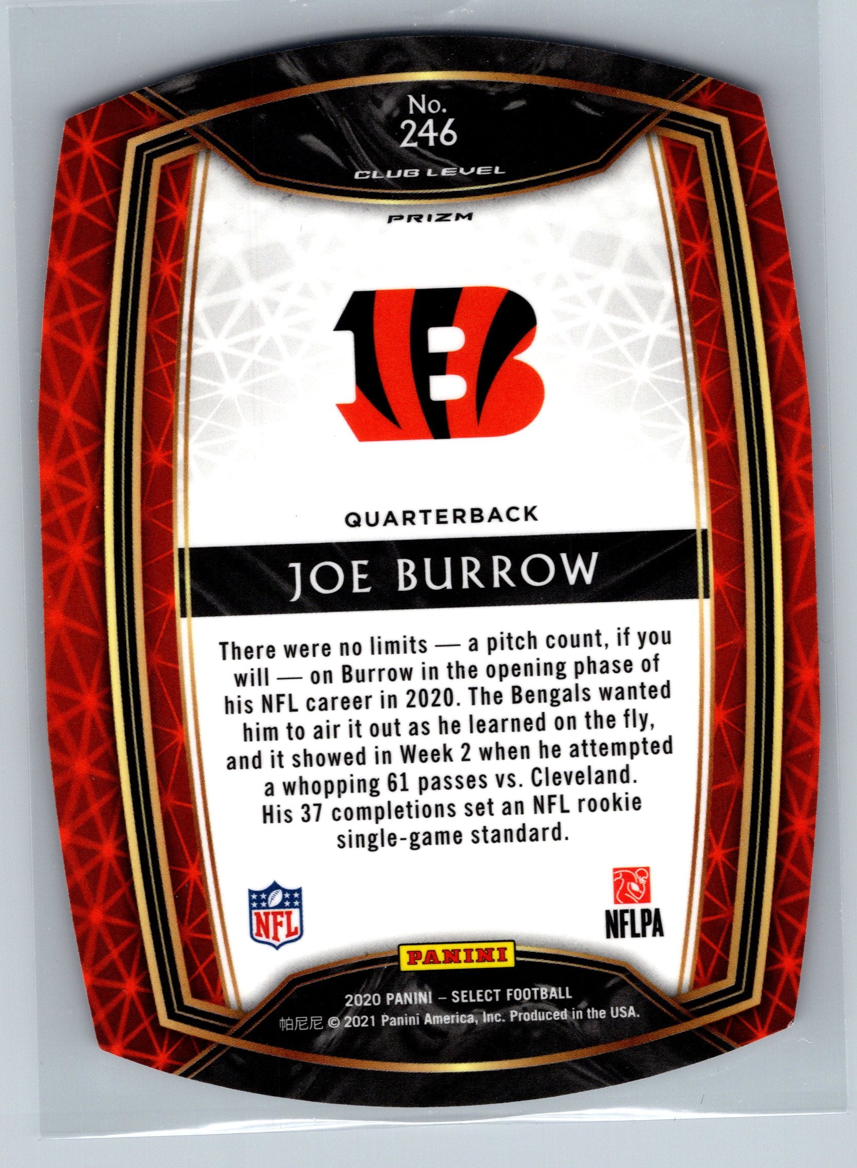 2020 Panini Select Joe Burrow Red Select Club Level Die Cut Rookie Card #246