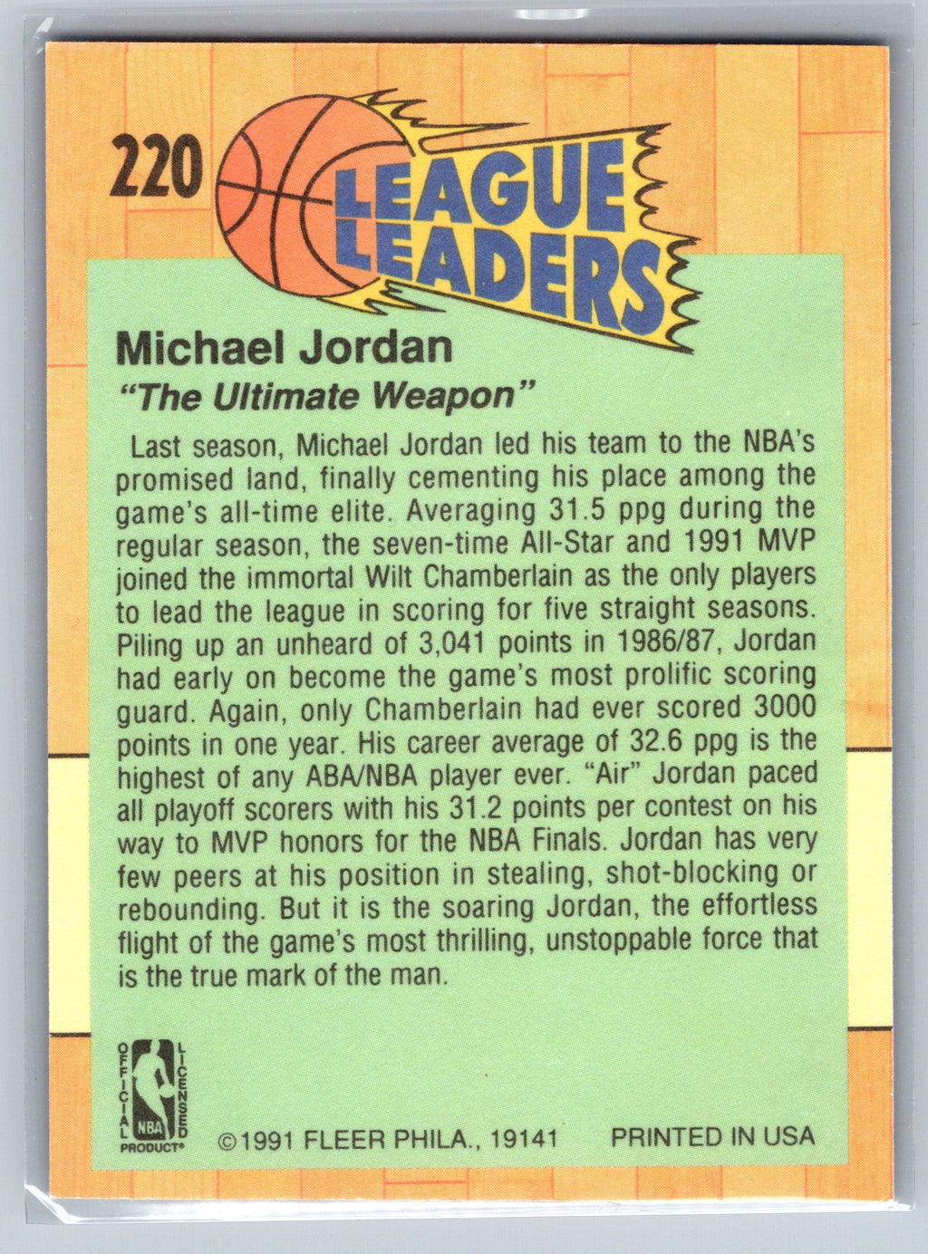 Vintage basketball trading card featuring Michael Jordan with text about his achievements.