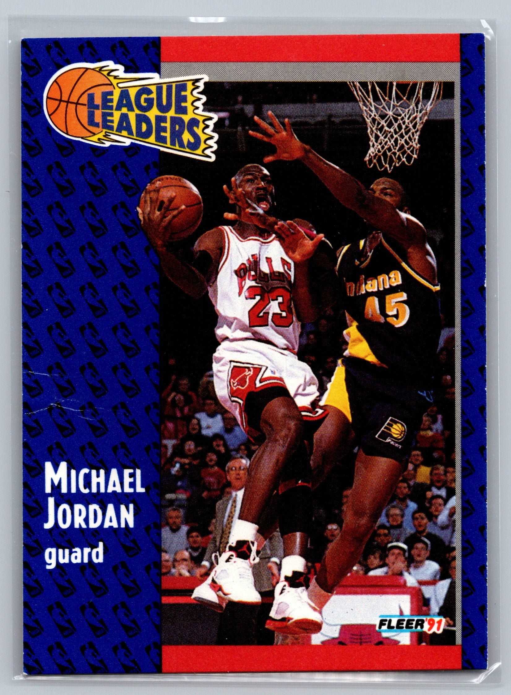Basketball trading card featuring Michael Jordan in action, with 'League Leaders' branding.