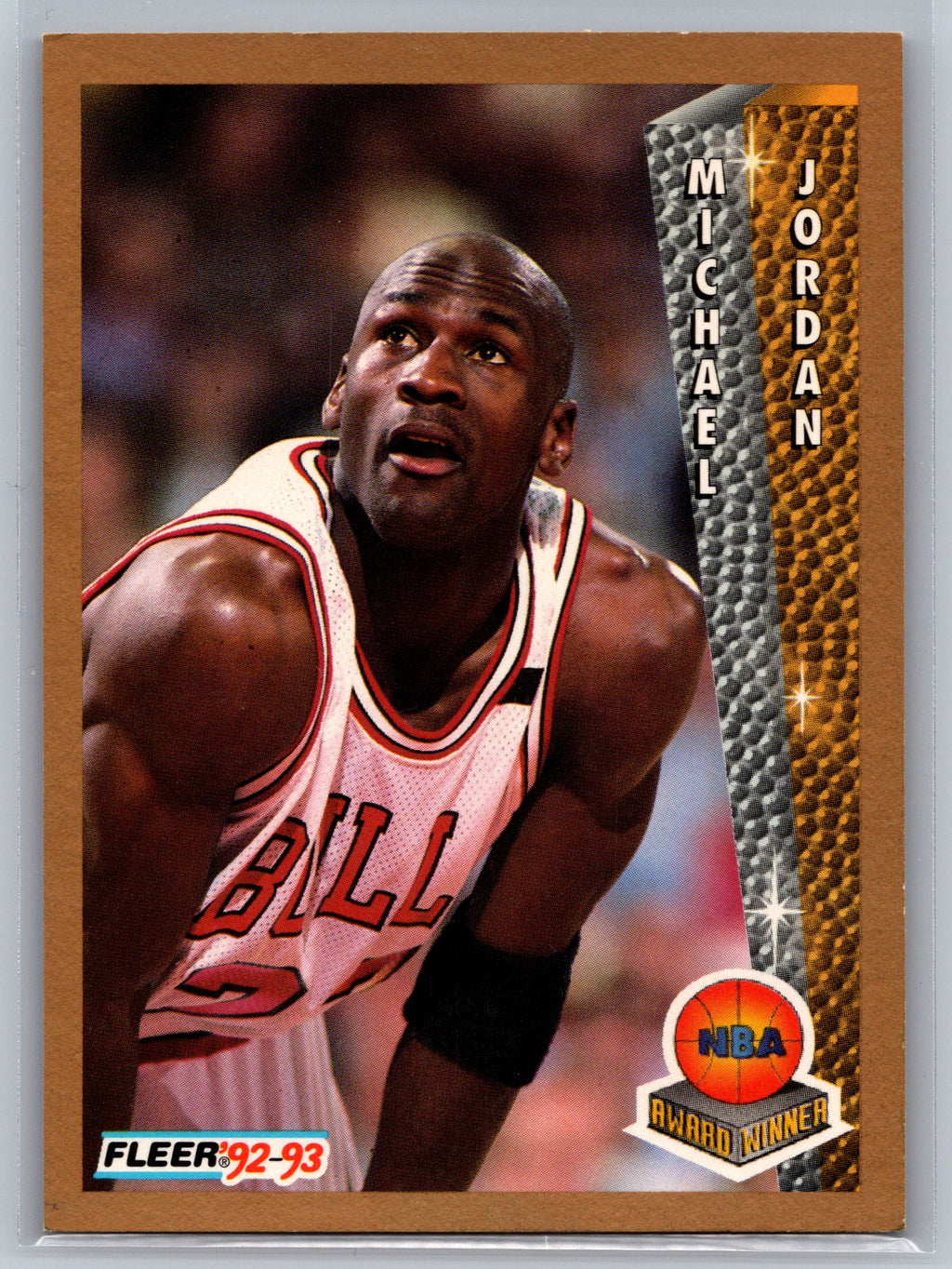 Basketball trading card of Michael Jordan with a 'Fleer 92-93' logo.