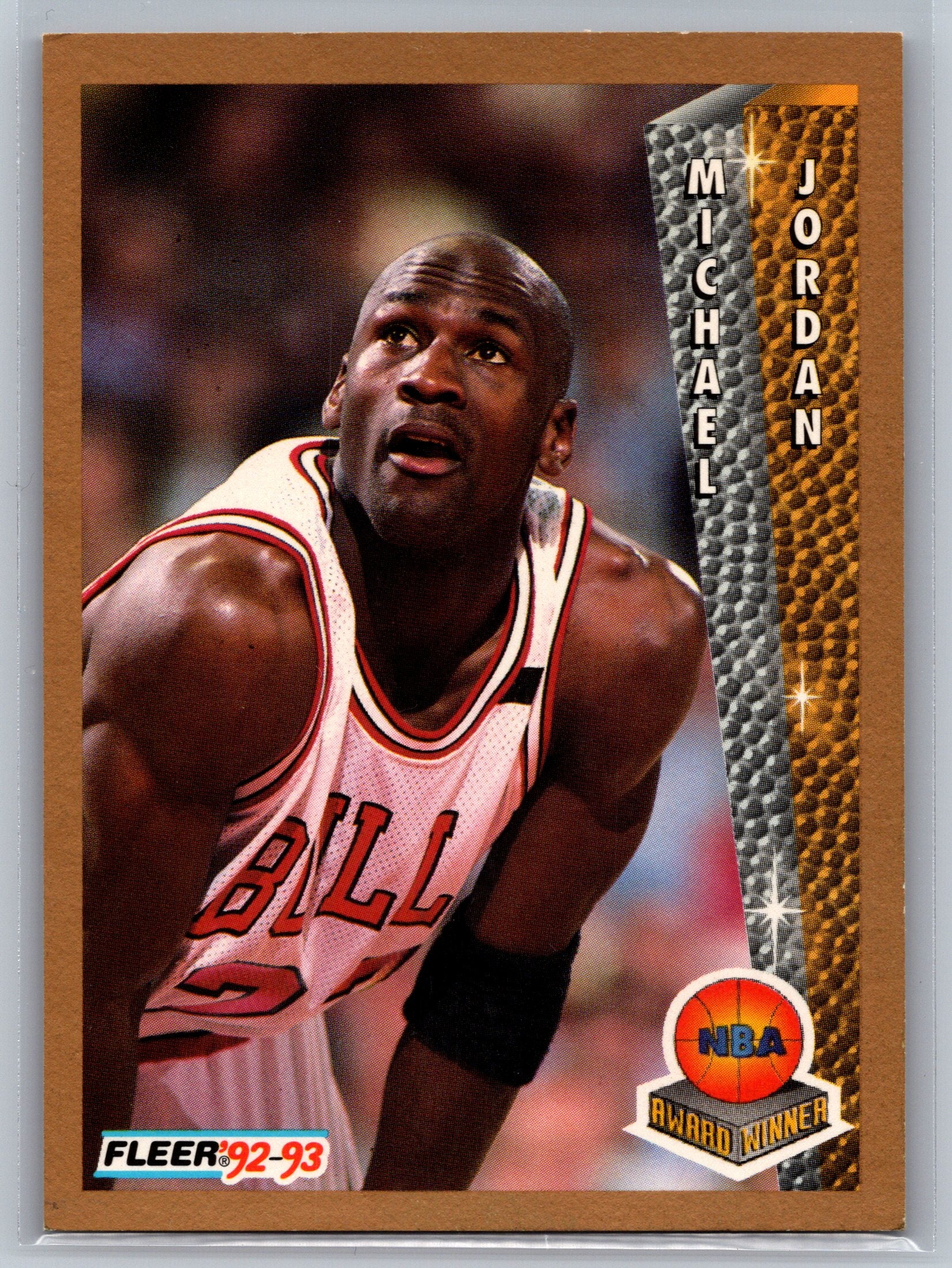 Basketball trading card of Michael Jordan with a 'Fleer 92-93' logo.