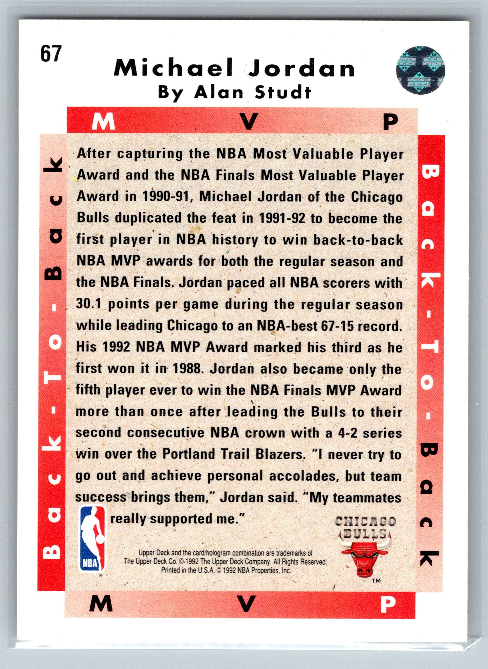 1992 Upper Deck Michael Jordan Back to Back MVP #67