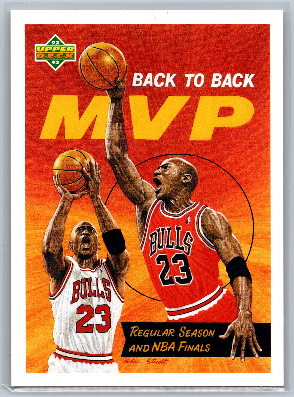 Basketball trading card featuring two players in Bulls jerseys with 'Back to Back MVP' text on a red background.