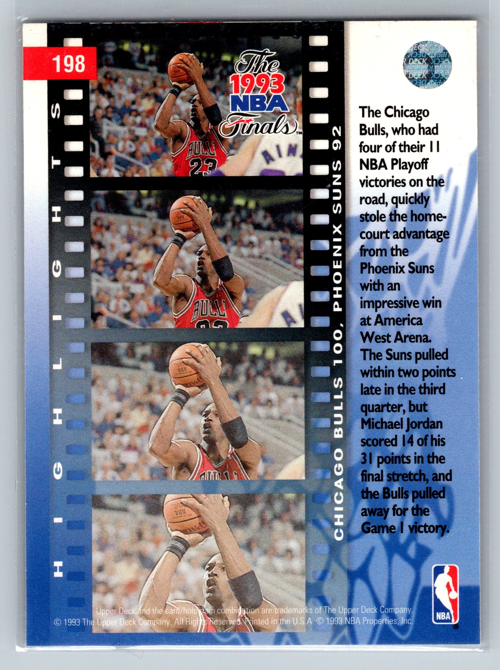 Basketball trading card featuring Michael Jordan from the 1993 NBA Finals, with images of him playing and text about the game.