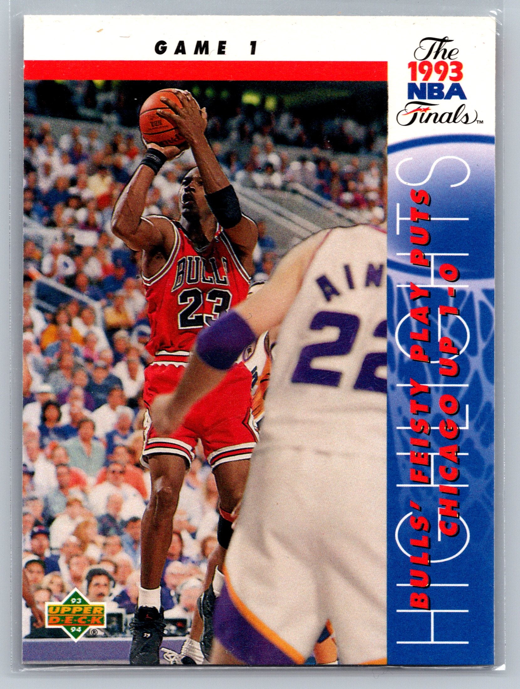 Basketball trading card featuring a player in action with text about the 1993 NBA Finals.