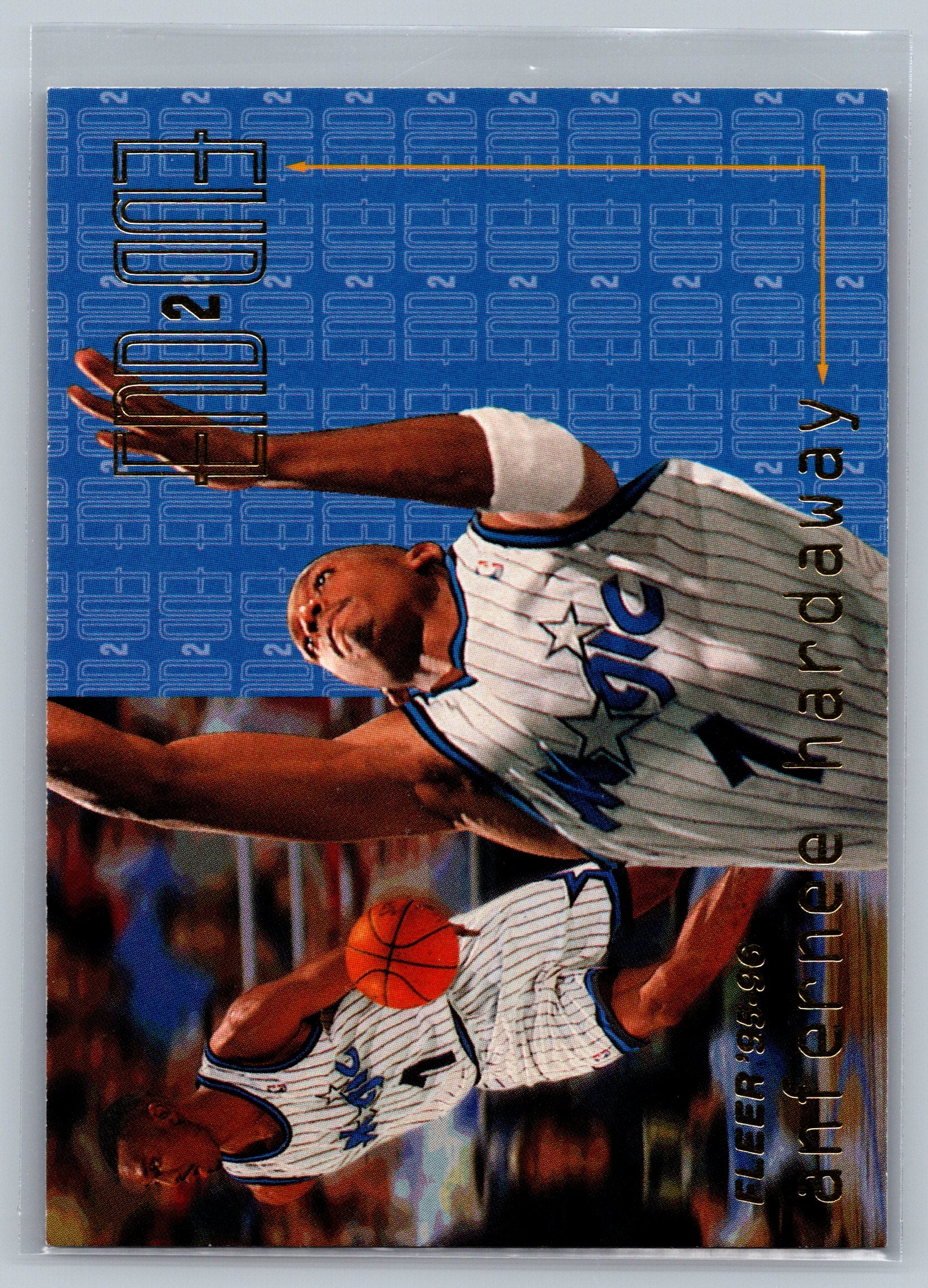 Basketball trading card of  Anfernee Hardaway in mid-air with a blue border and text.