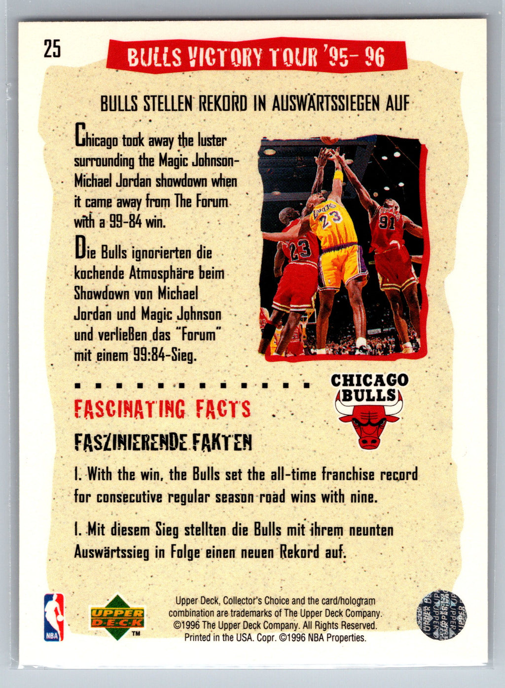 Basketball trading card back featuring Chicago Bulls players and text in German