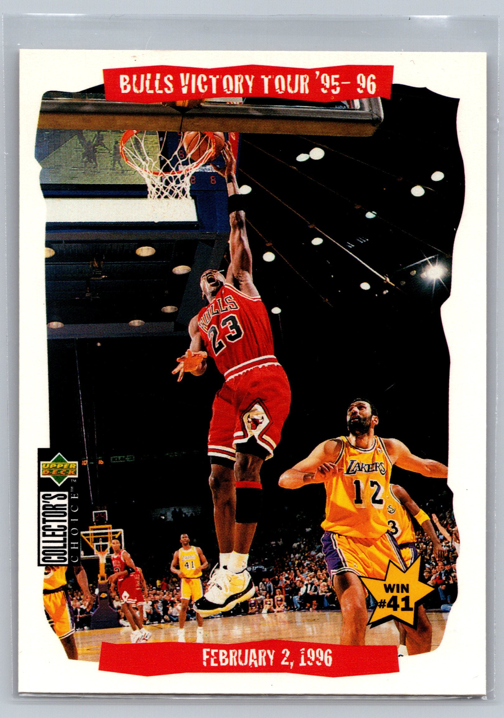Basketball trading card featuring a player in a red jersey dunking the ball, with text indicating 'Bulls Victory Your '95-'96'.