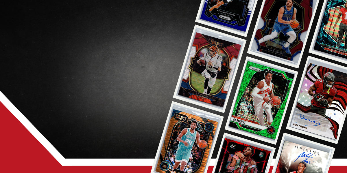 Collection of basketball trading cards on a dark surface with a red and white border.