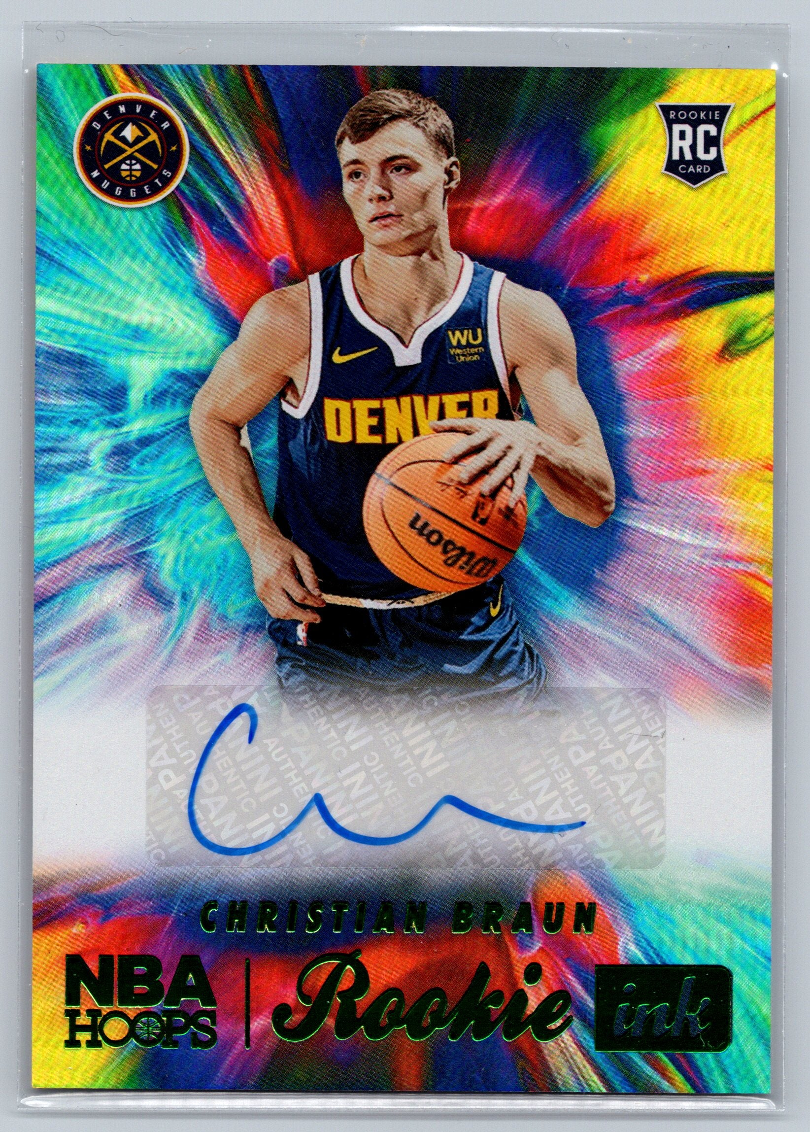 Basketball trading card with a player holding a ball against a colorful background