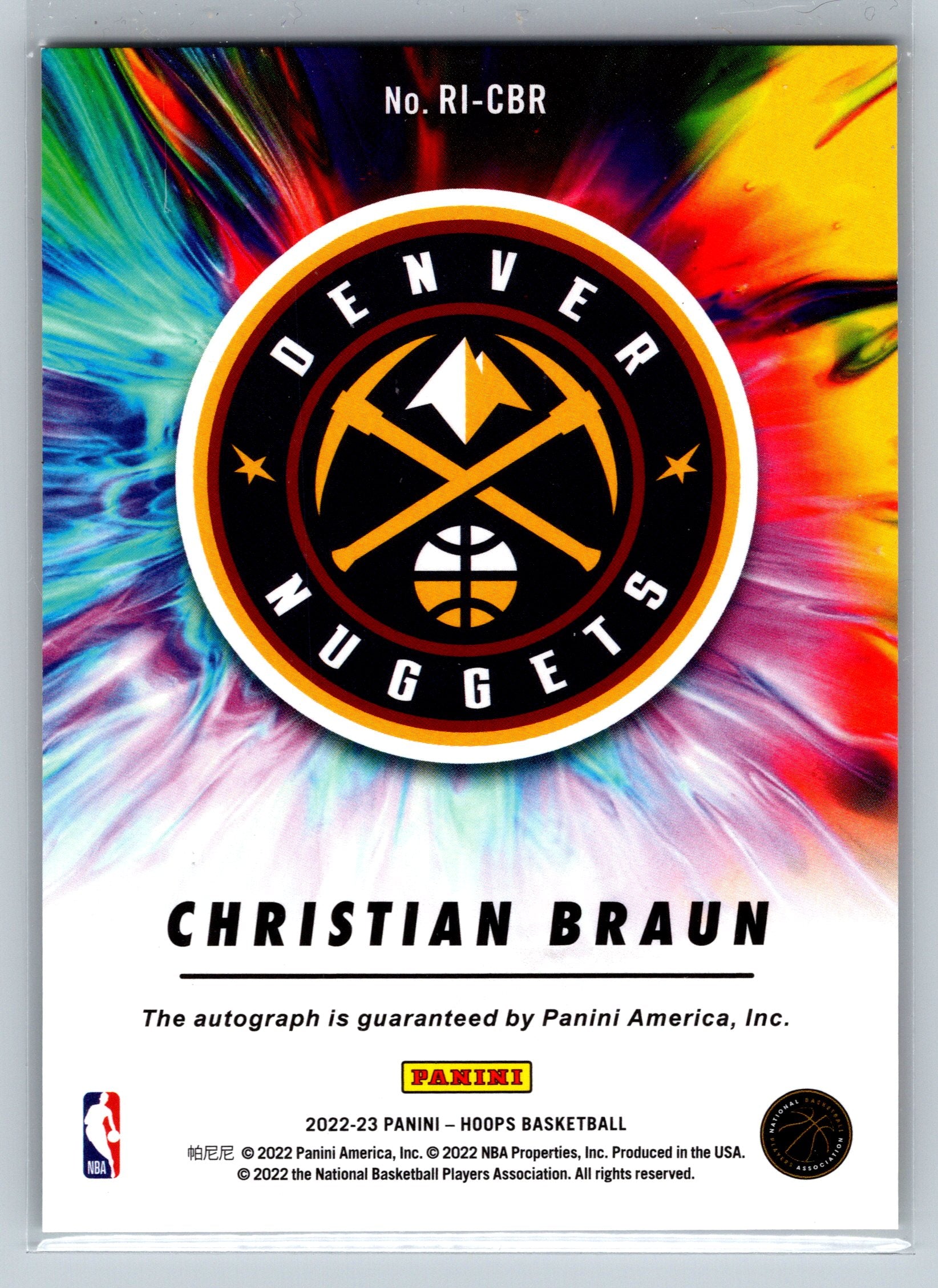 Basketball trading card with Denver Nuggets logo and colorful tie-dye background