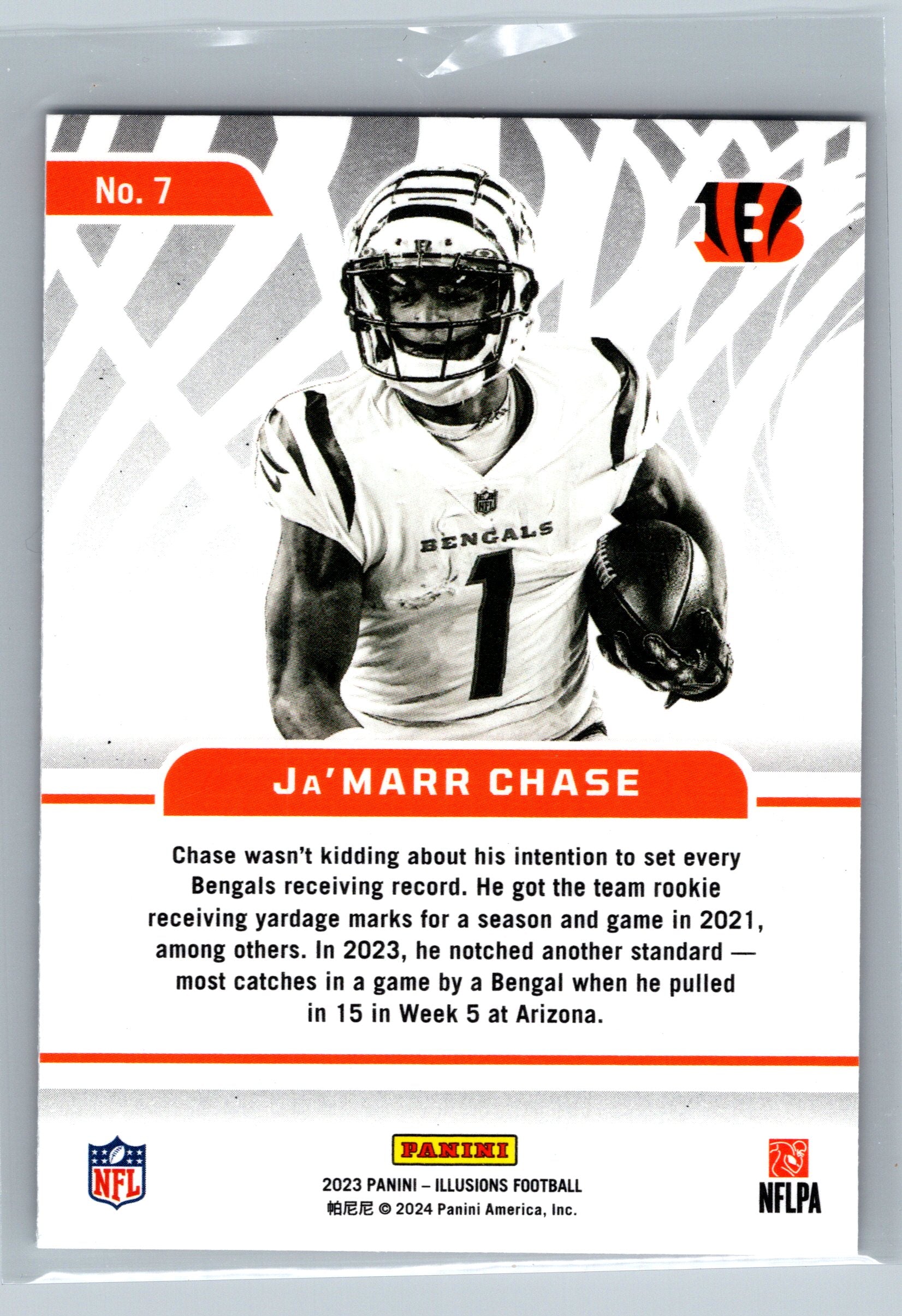 Football trading card of Ja'Marr Chase with team details and Panini branding.