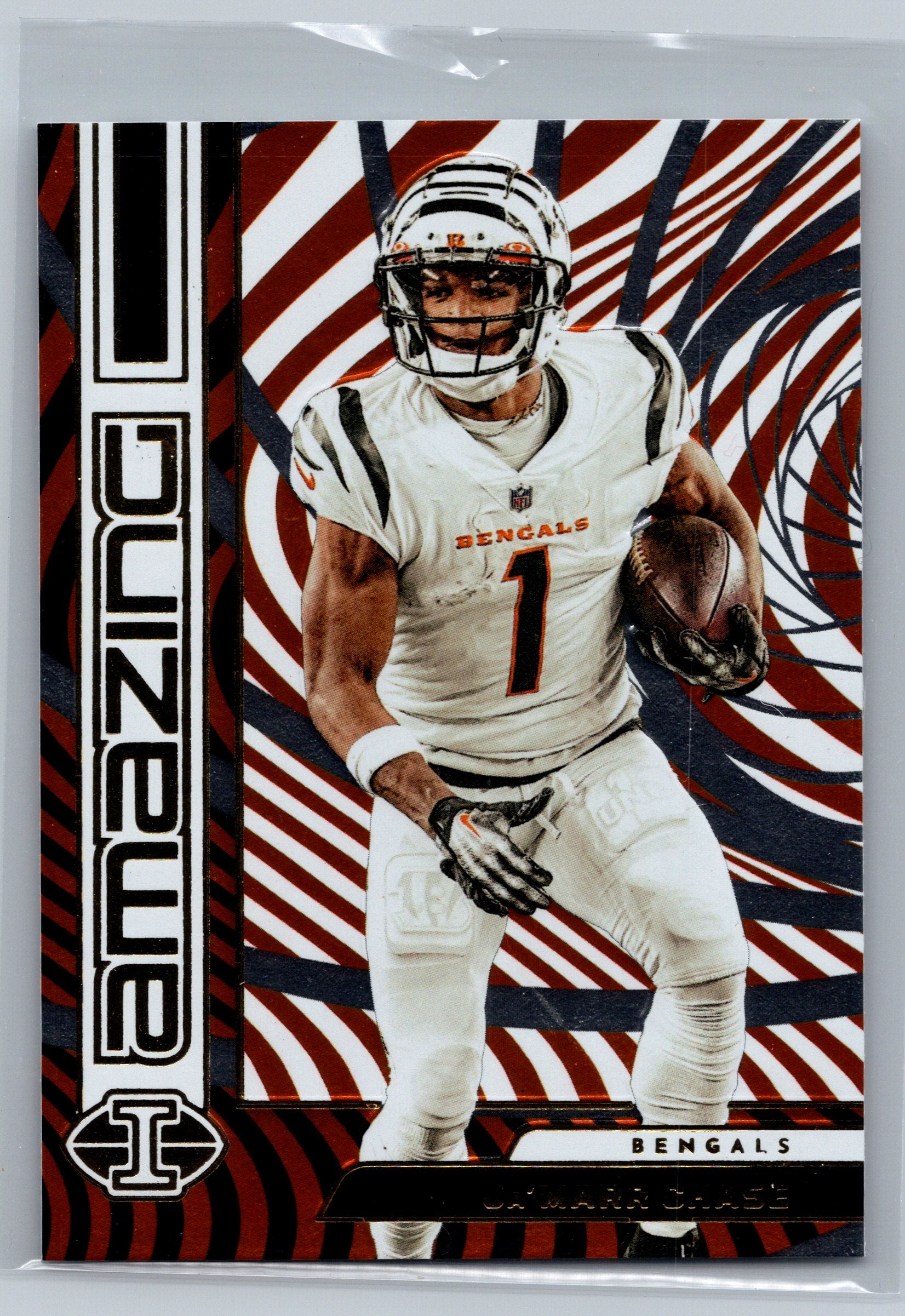 Football player in uniform with 'Bengals' branding on a colorful background