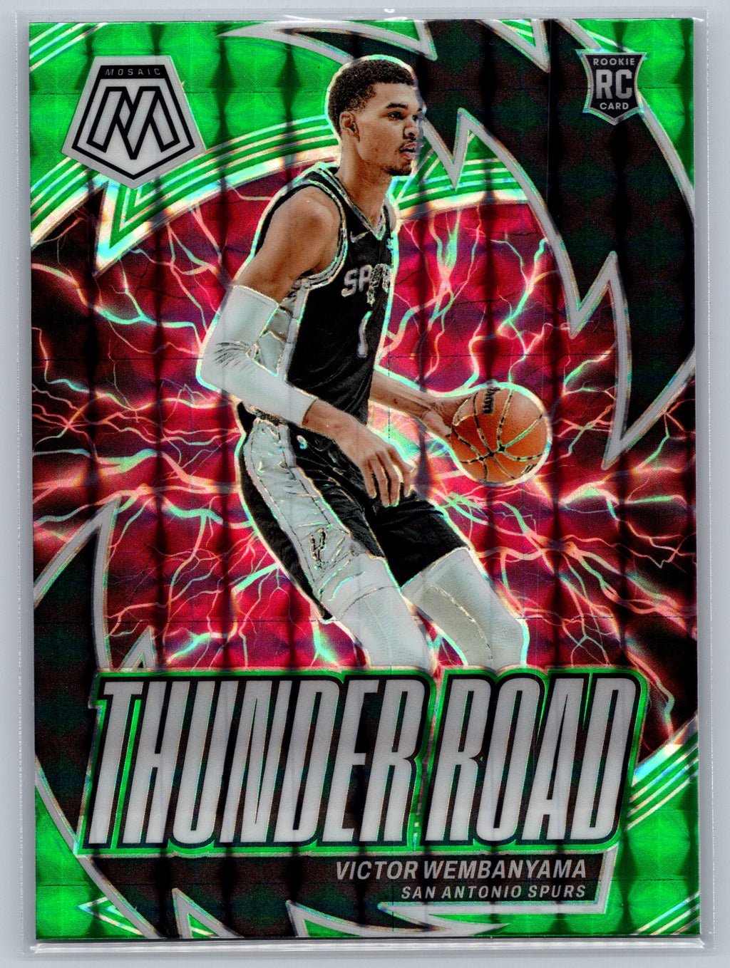 Basketball trading card featuring a player in action with 'Thunder Road' and 'Mega' branding.