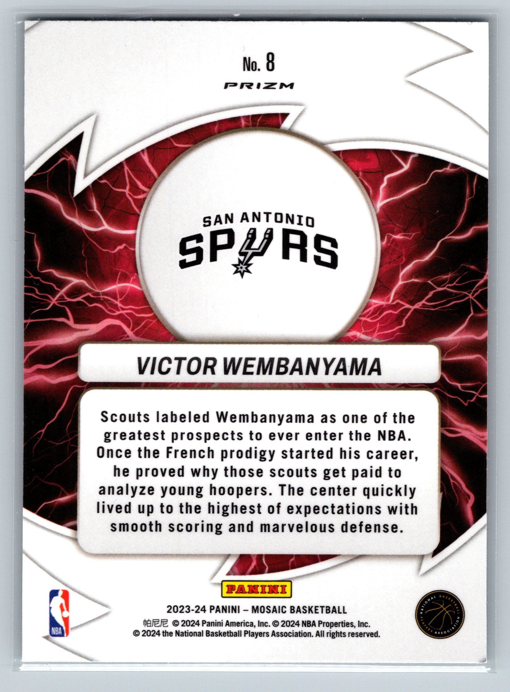 Basketball trading card for Victor Wembanyama with San Antonio Spurs logo and Panini branding.