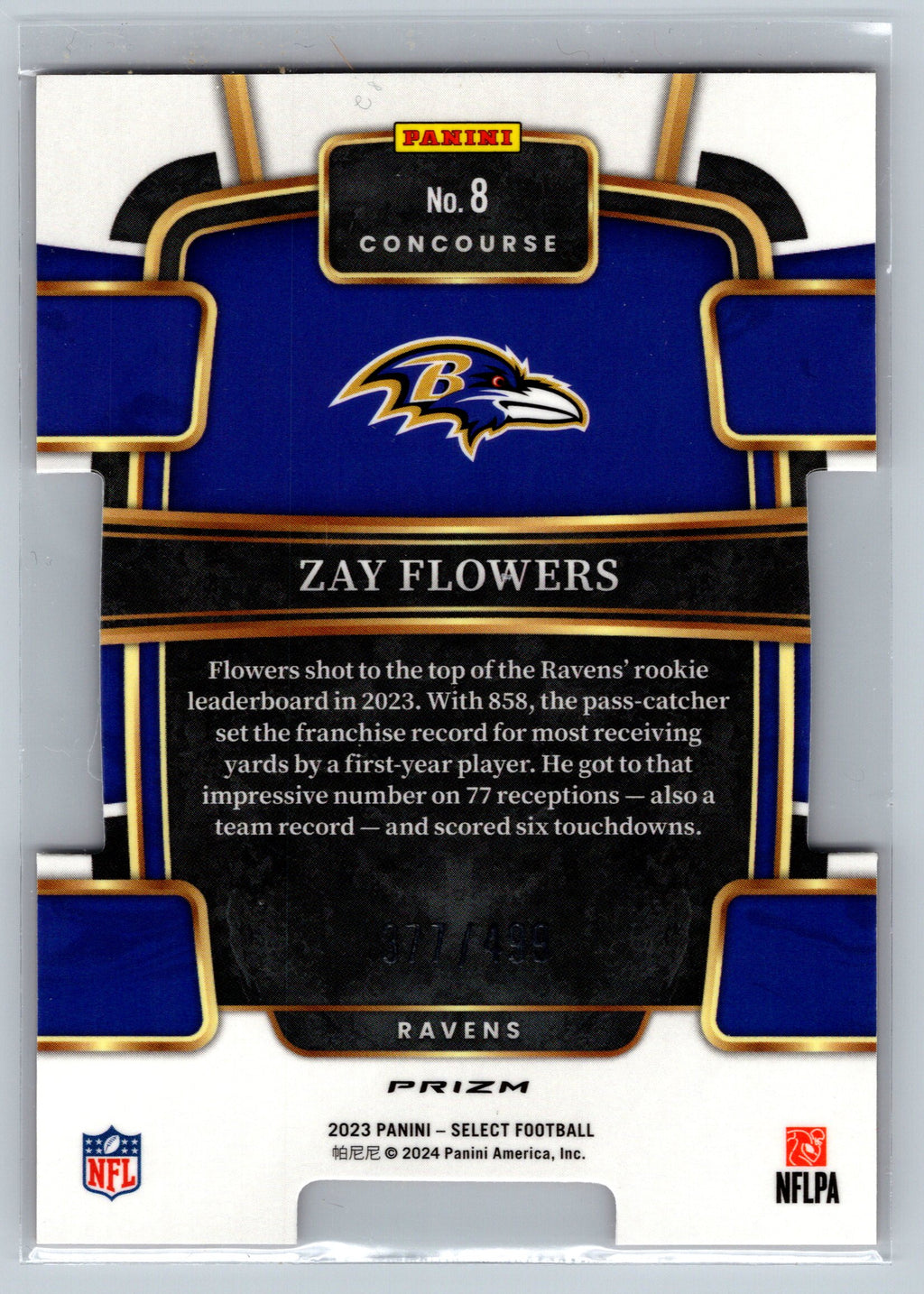 Panini football trading card featuring Zay Flowers of the Baltimore Ravens