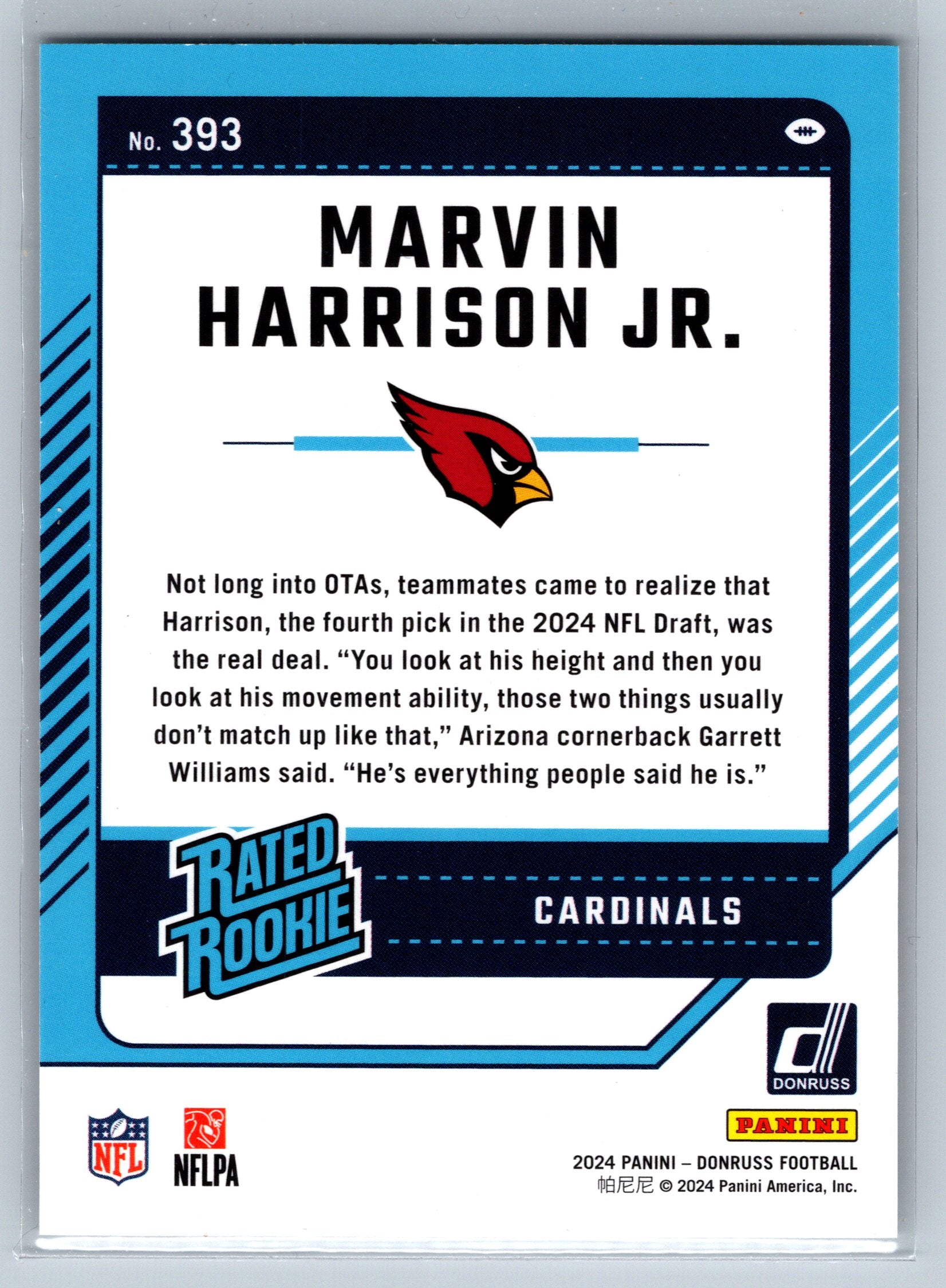 Marvin Harrison Jr. trading card with Arizona Cardinals logo and Panini branding