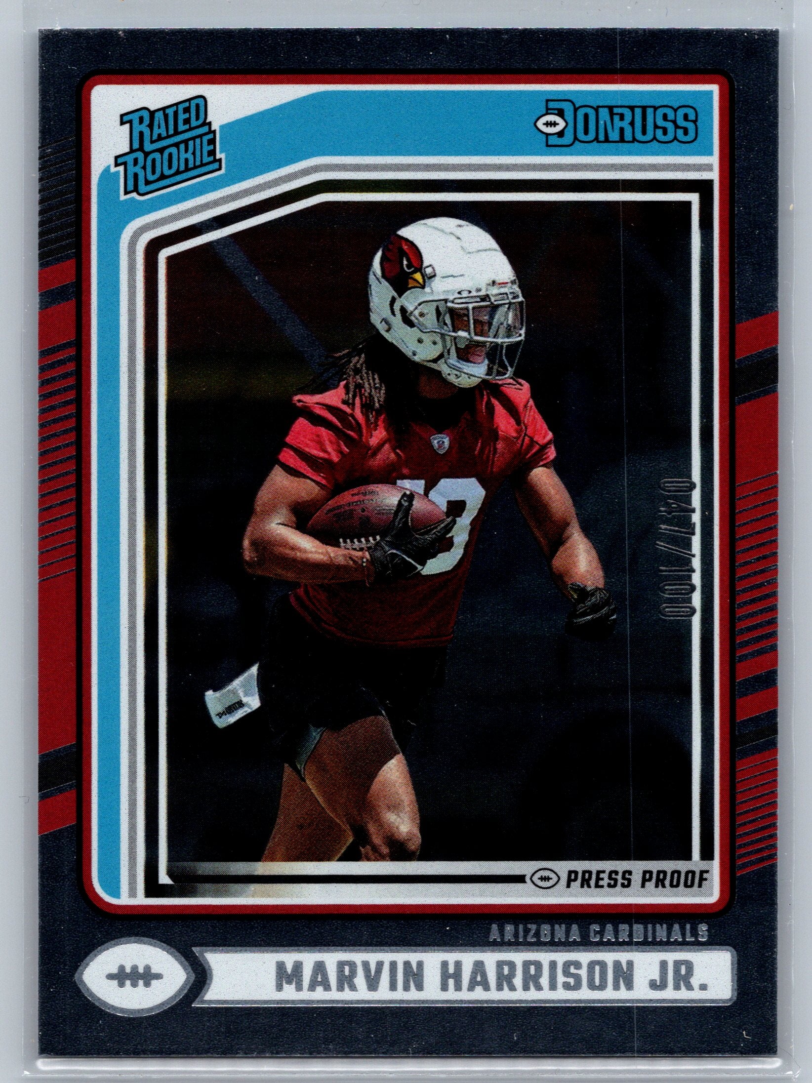 Football trading card of Marvin Harrison Jr. with 'Rated Rookie' and 'Donruss' branding.