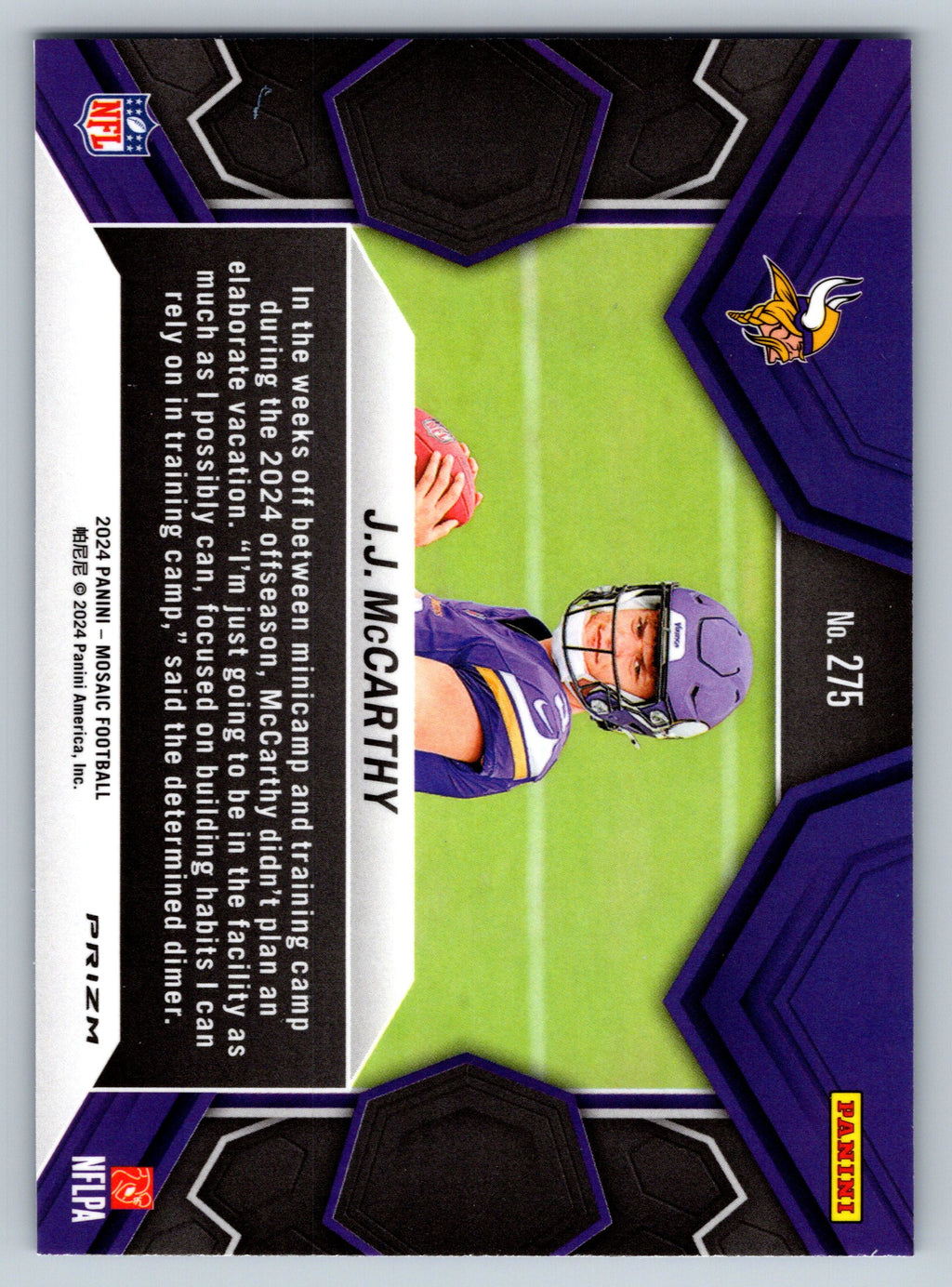 Football trading card featuring J.J. McCarthy with a purple border and NFL logo.