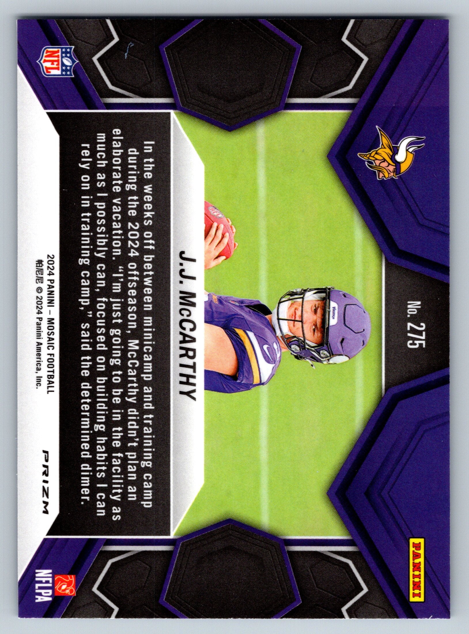 Football trading card featuring J.J. McCarthy with a purple border and NFL logo.