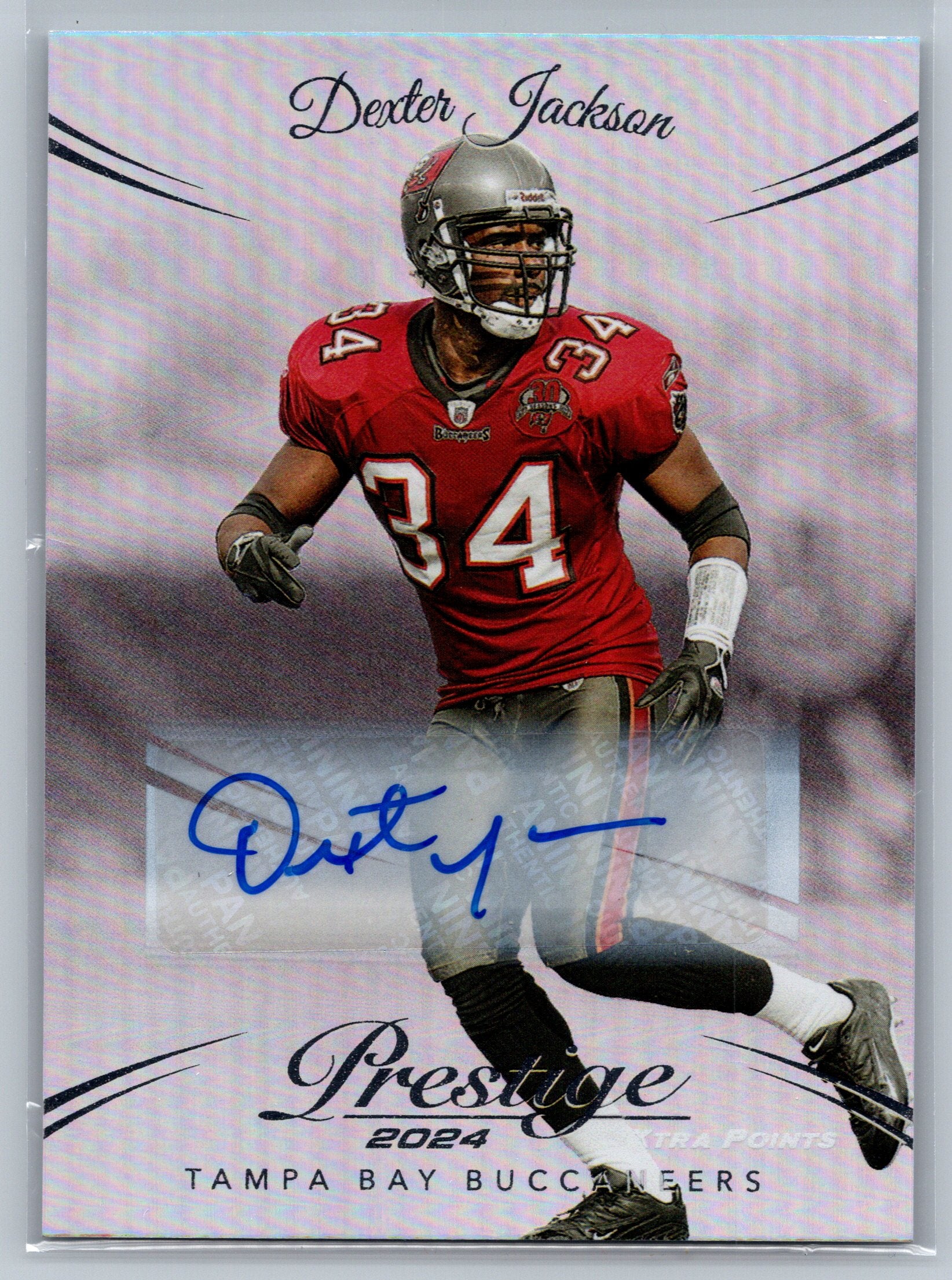 Football trading card of Dexter Jackson with autograph, Tampa Bay Buccaneers, and 'Prestige 2024' branding.