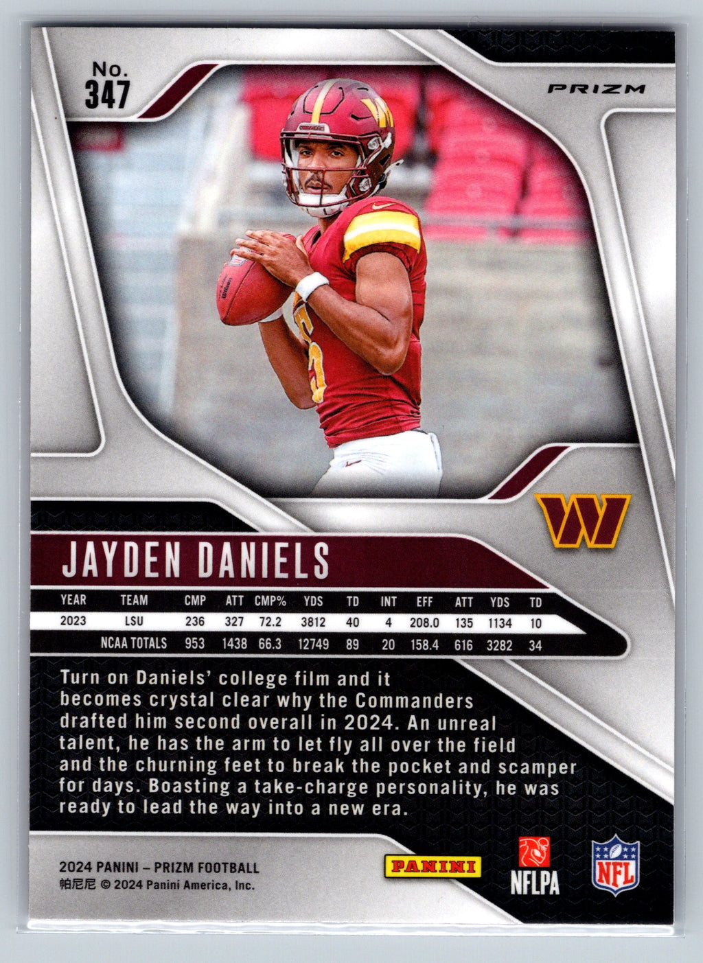 Jayden Daniels football trading card with player information and team logos.