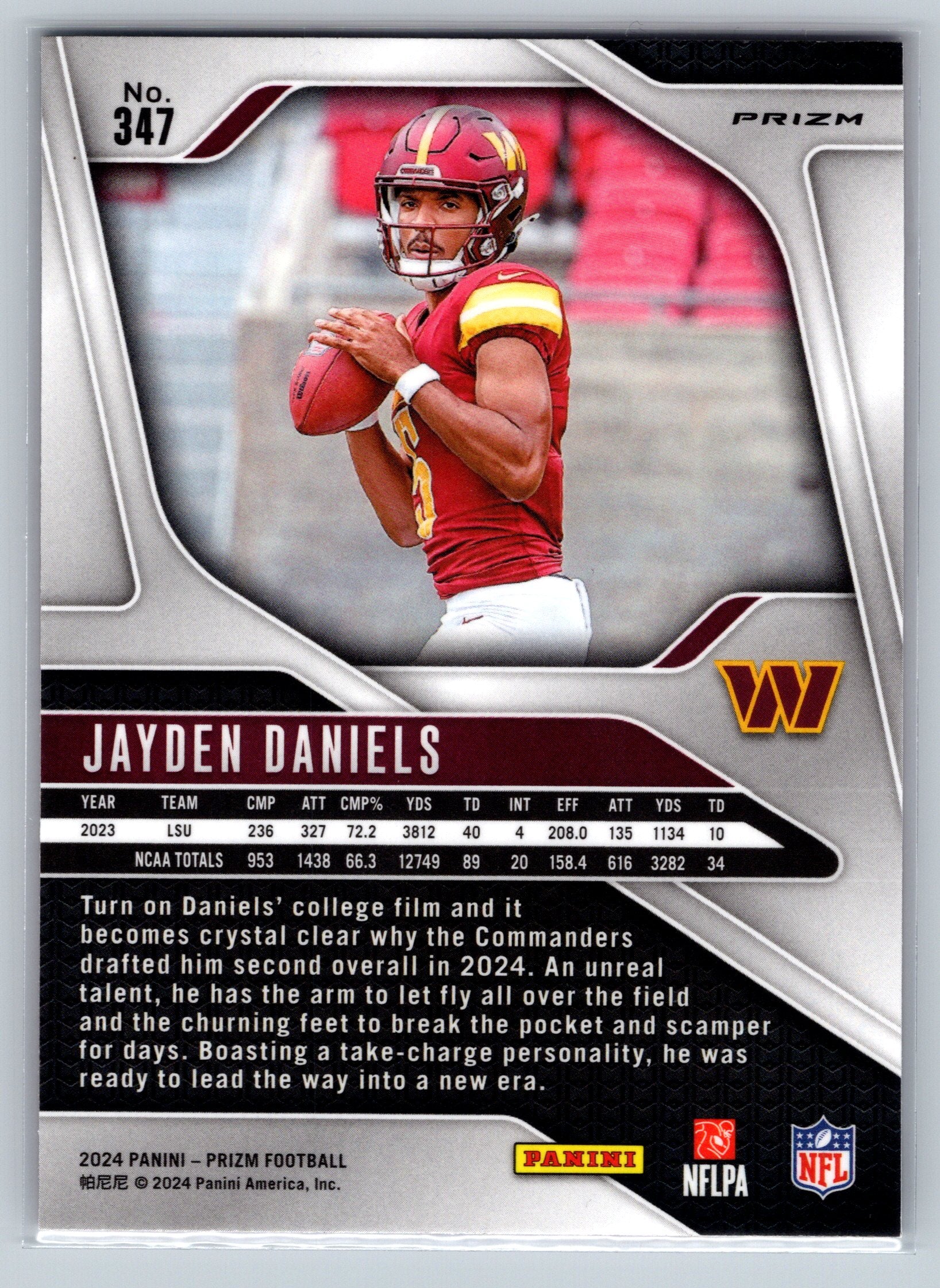 Jayden Daniels football trading card with player information and team logos.