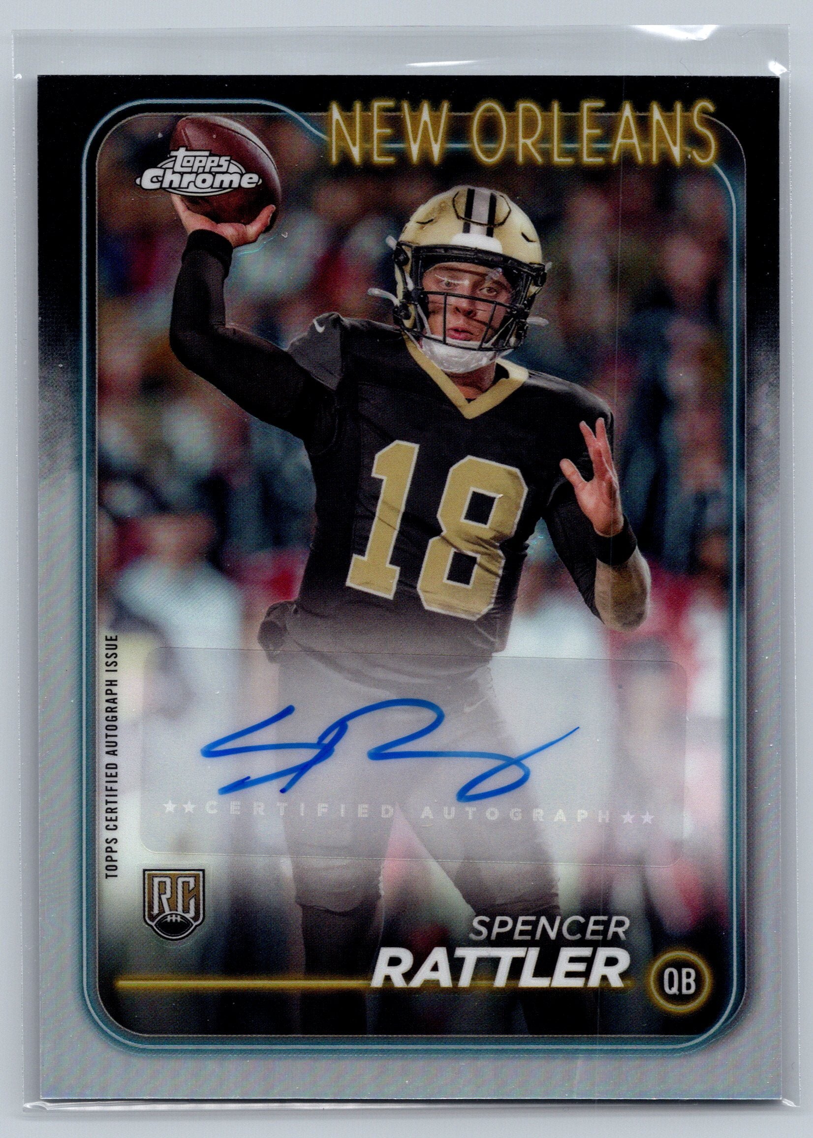 Football trading card of Spencer Rattler with autograph, New Orleans Saints, and Topps Chrome branding.