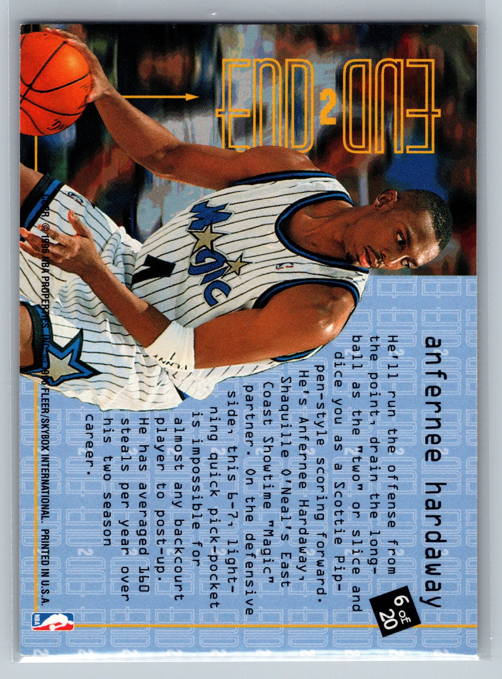 Basketball trading card of  Anfernee Hardaway in a white jersey with blue accents, holding a basketball.