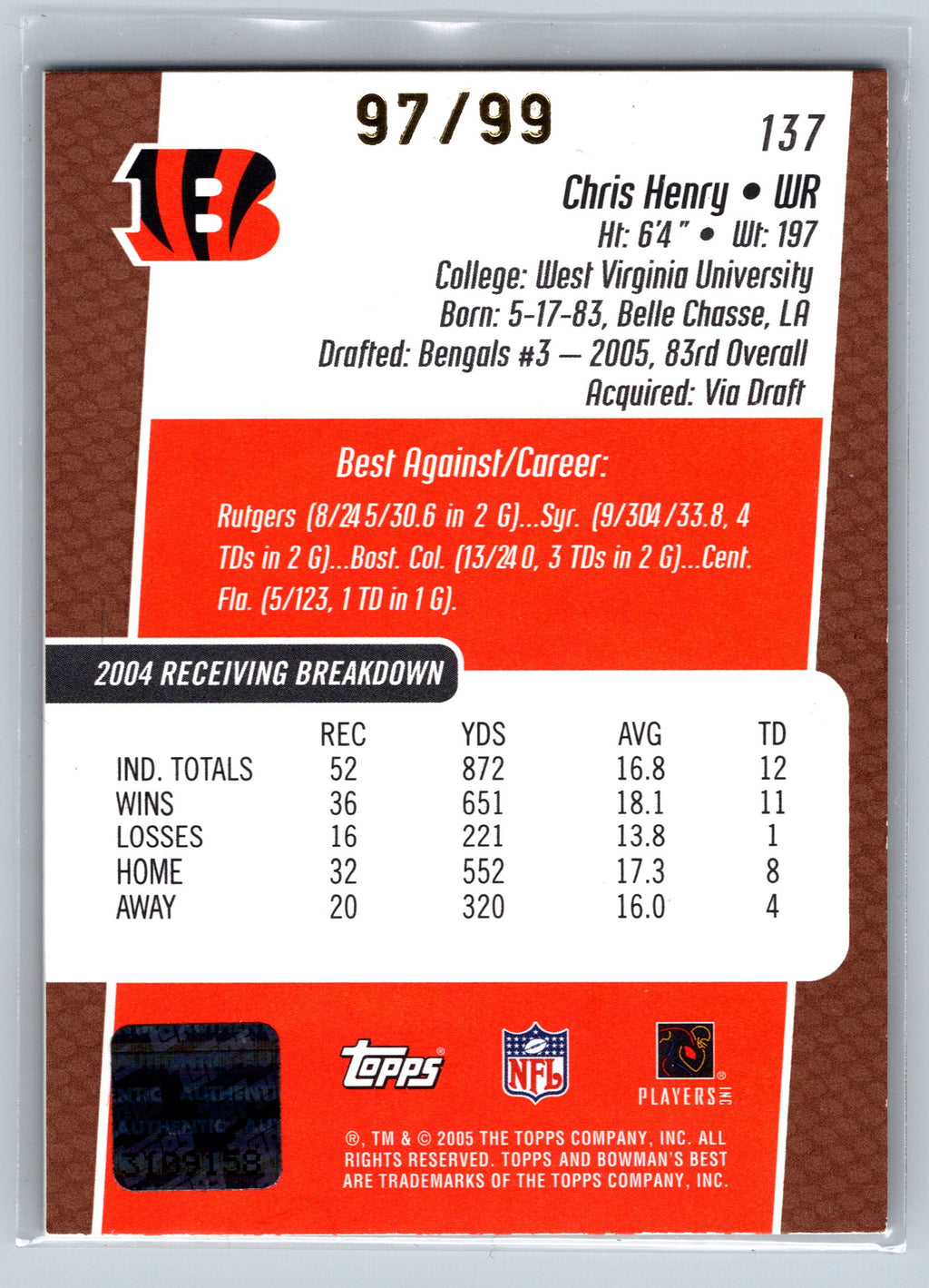2005 Bowman's Best Chris Henry Rookie Autograph #97/99