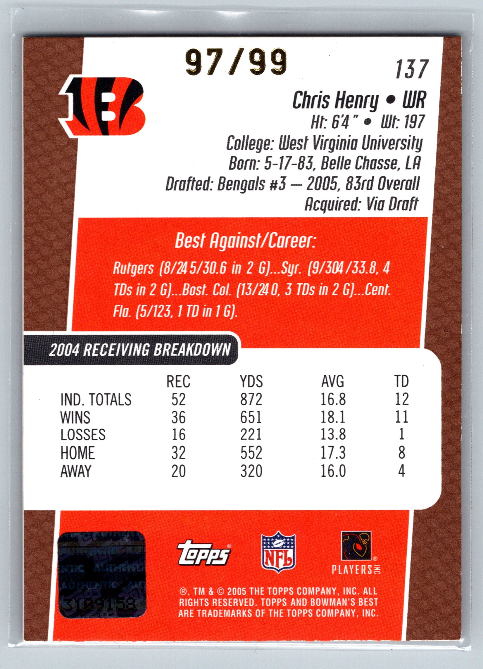 2005 Bowman's Best Chris Henry Rookie Autograph #97/99