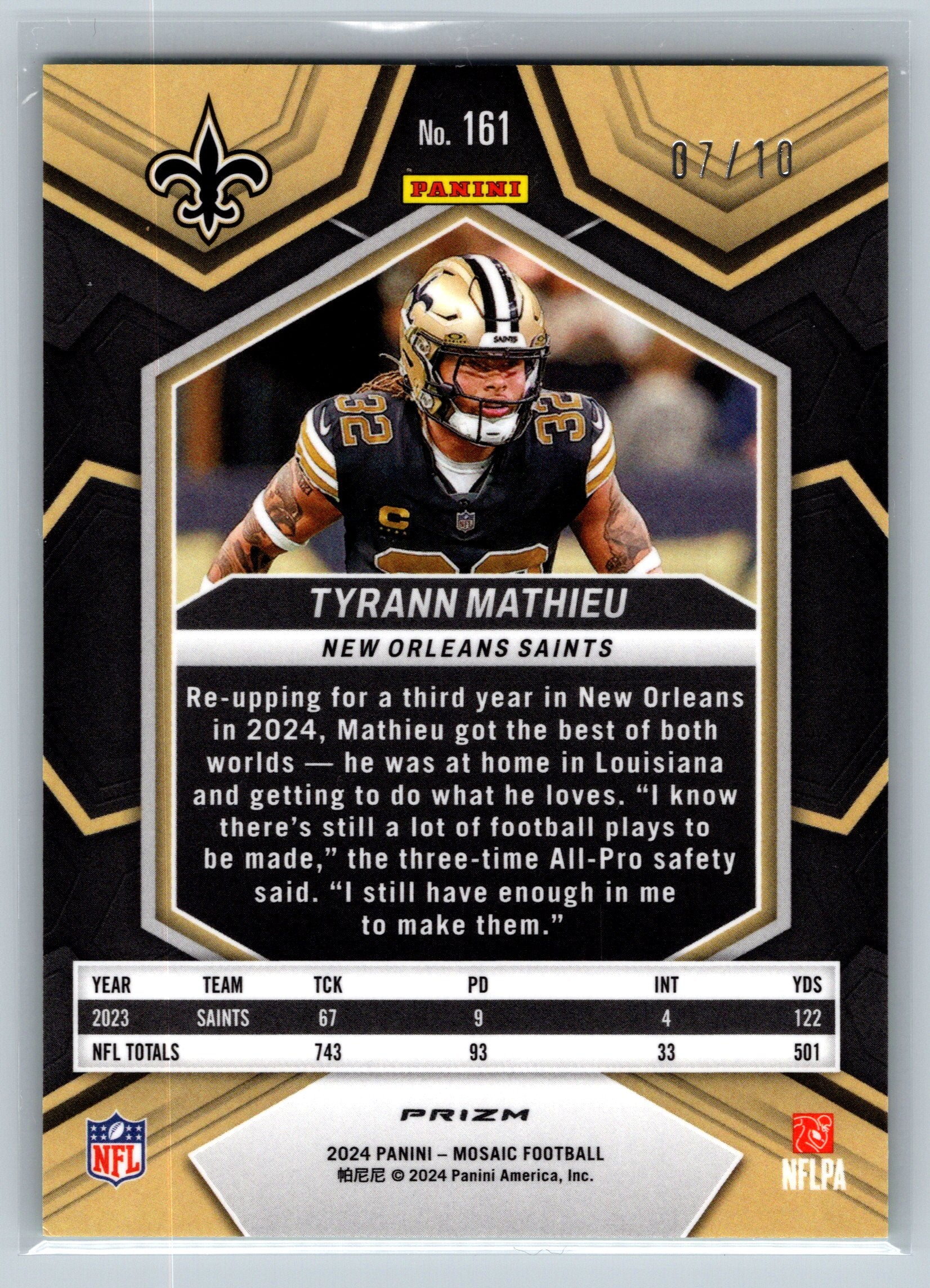 2020 Panini Mosaic Tyrann Mathieu Green Fluorescent /10 #161