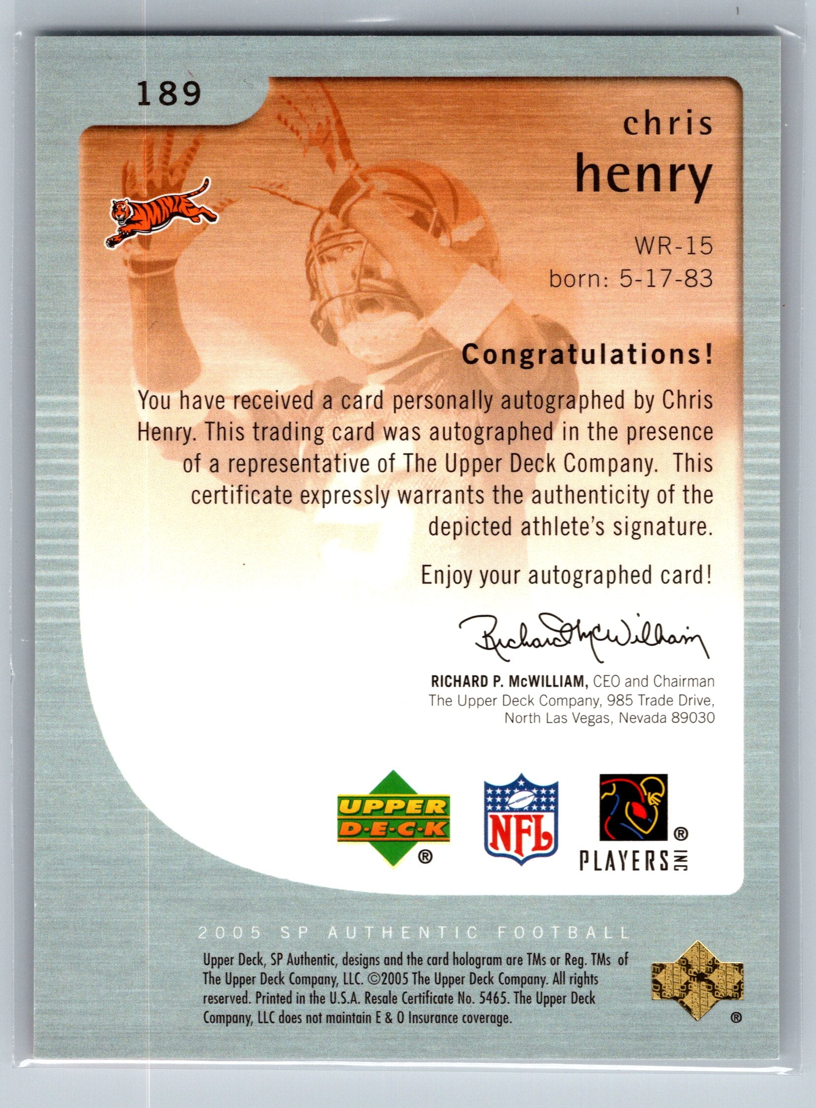 2005 Upper Deck SP Rookie Authentics Chris Henry Rookie Autograph /850