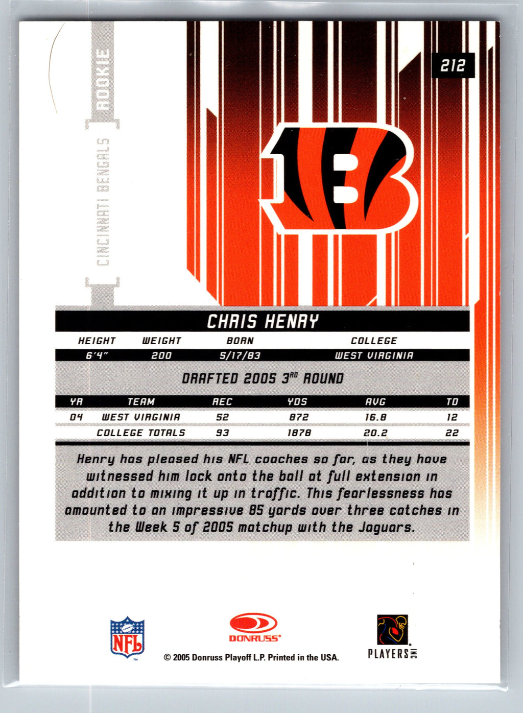 2005 Leaf Rookies & Stars Chris Henry Rookie Autograph /150 #212