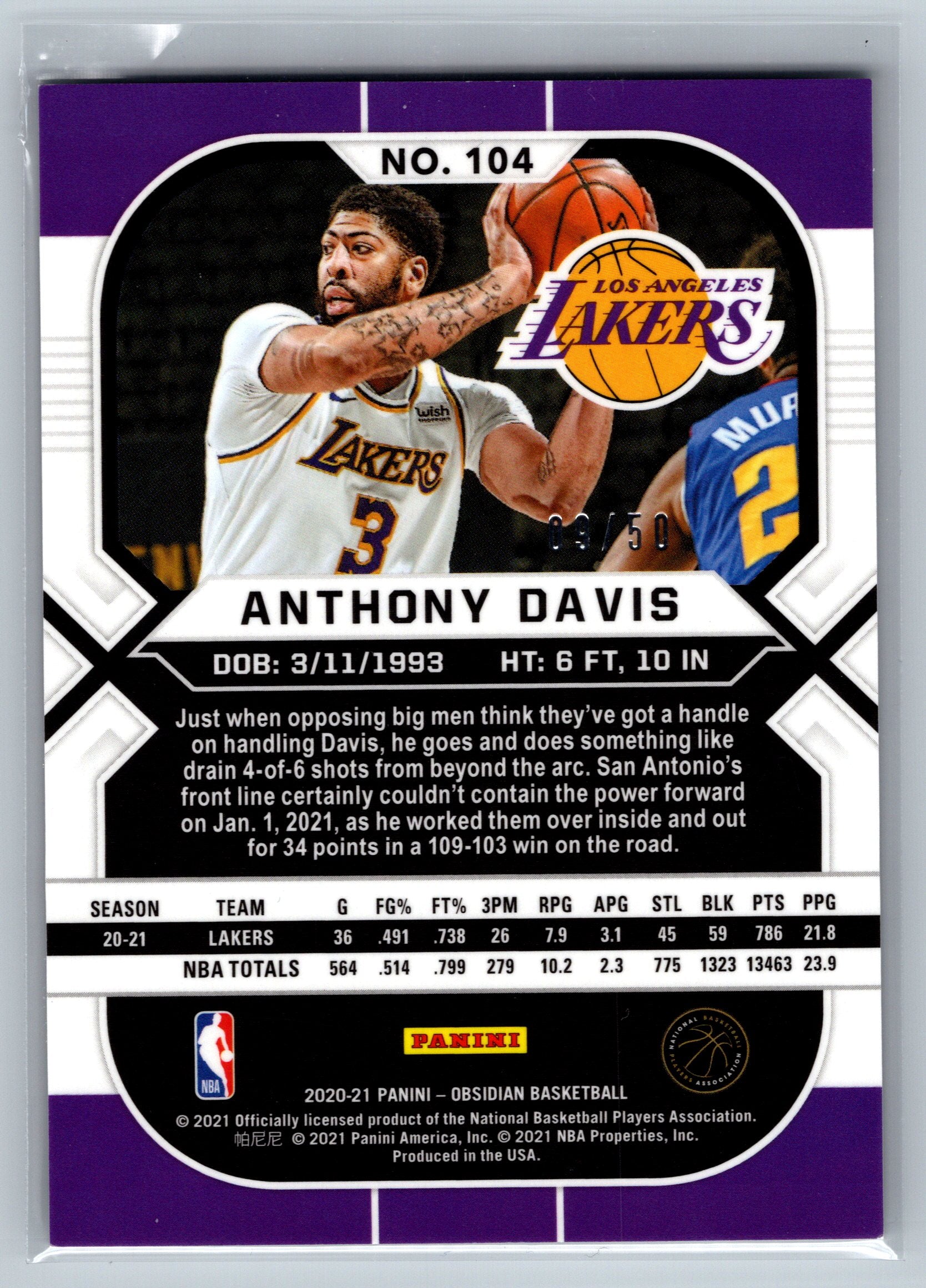 2020 Obsidian Anthony Davis Electric Etch Orange /50 #104