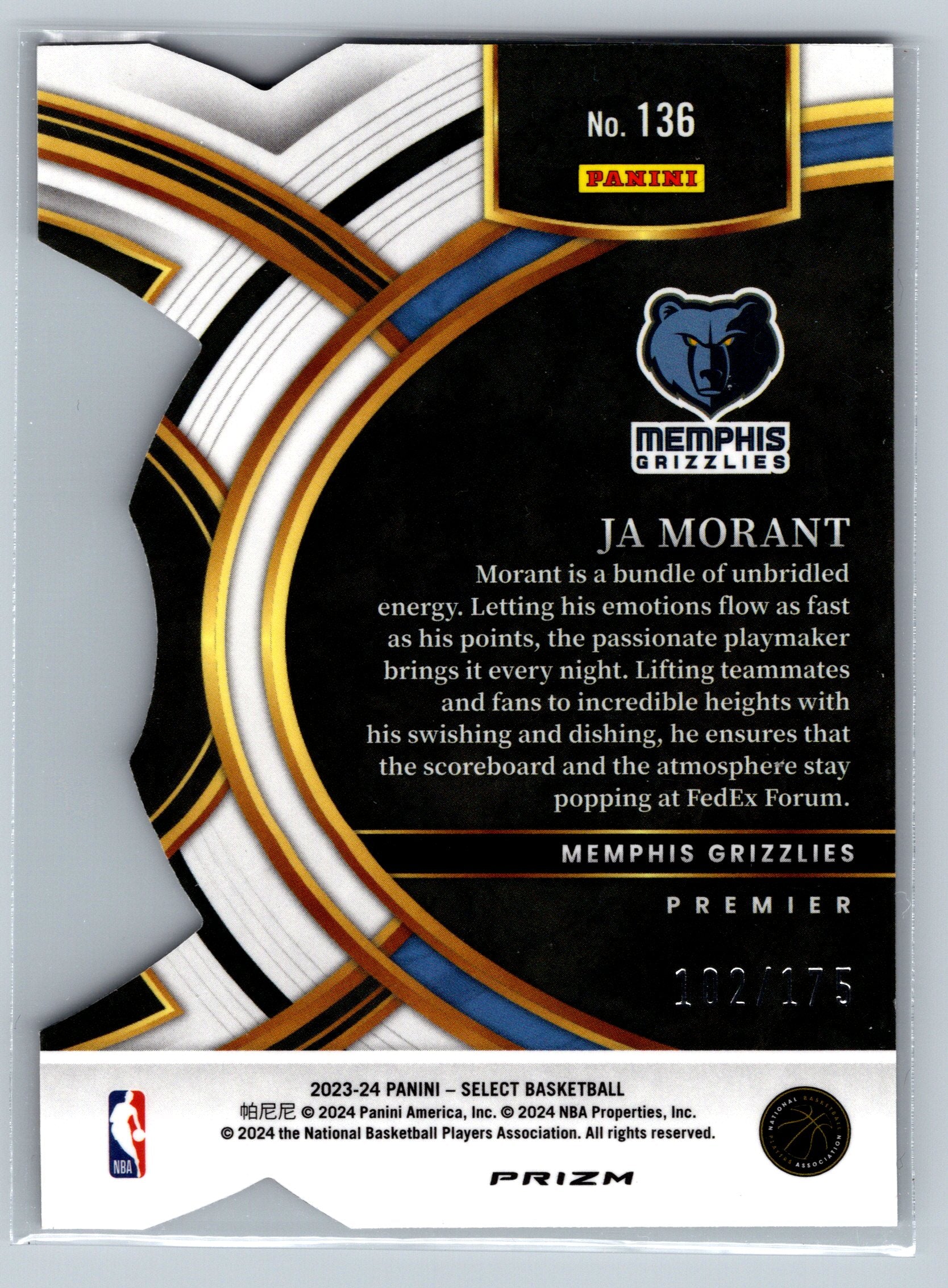 2023 Panini Select Ja Morant Premier Level Die-Cut /175 #136