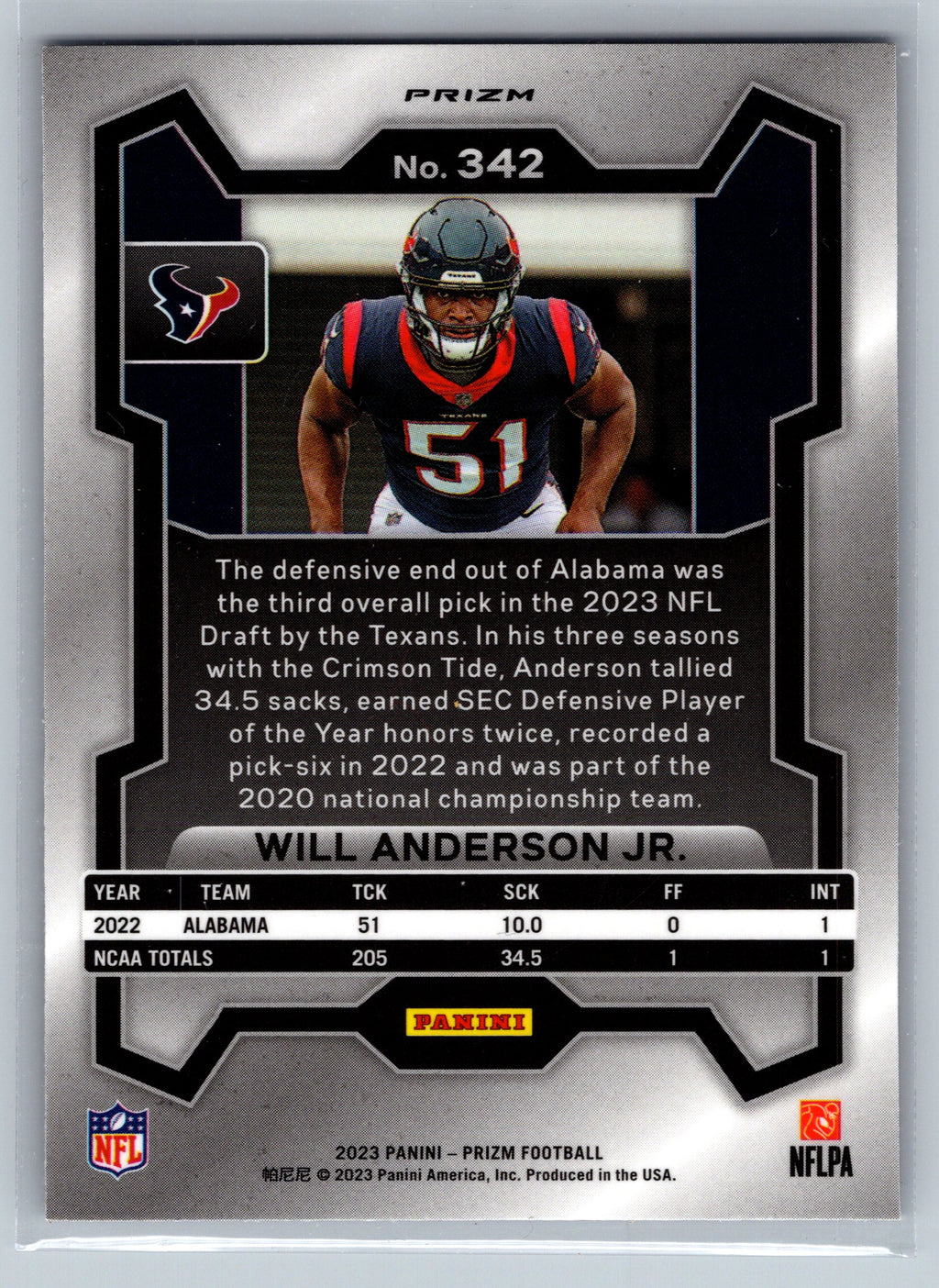 2023 Panini Prizm Will Anderson Jr. Purple Pulsar Rookie Card #342