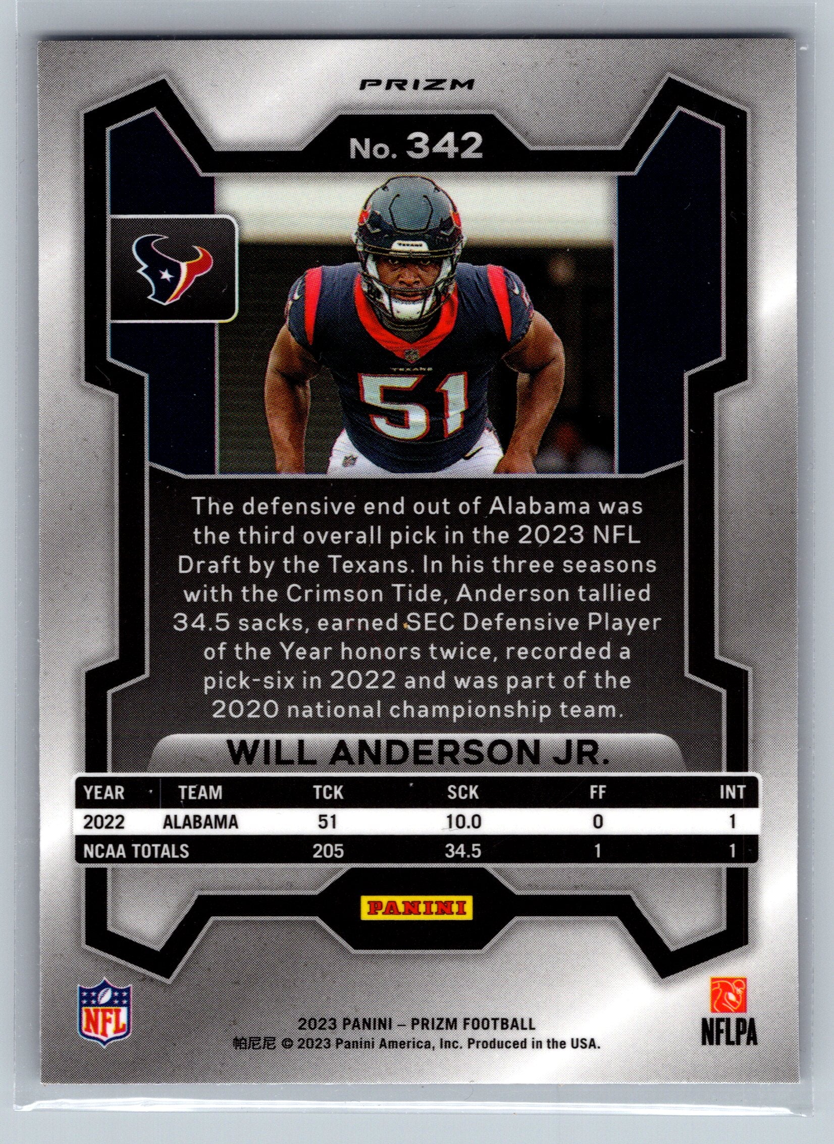 2023 Panini Prizm Will Anderson Jr. Purple Pulsar Rookie Card #342
