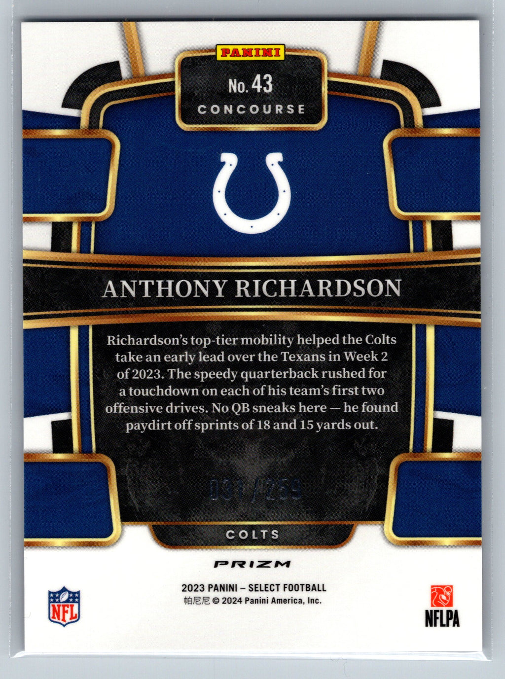2023 Panini Select Anthony Richardson Concourse Tri-Color Rookie Card /259 #43