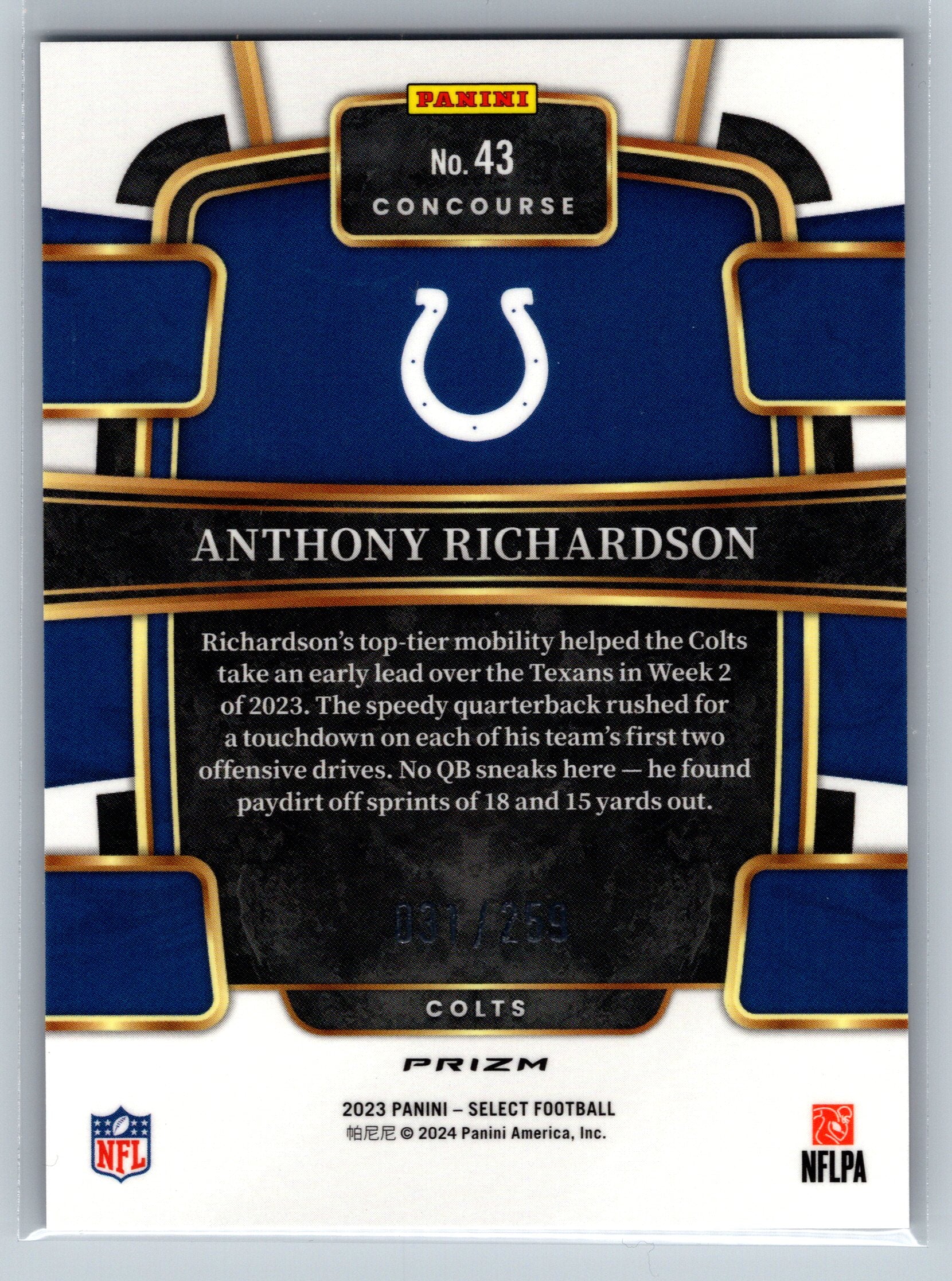 2023 Panini Select Anthony Richardson Concourse Tri-Color Rookie Card /259 #43