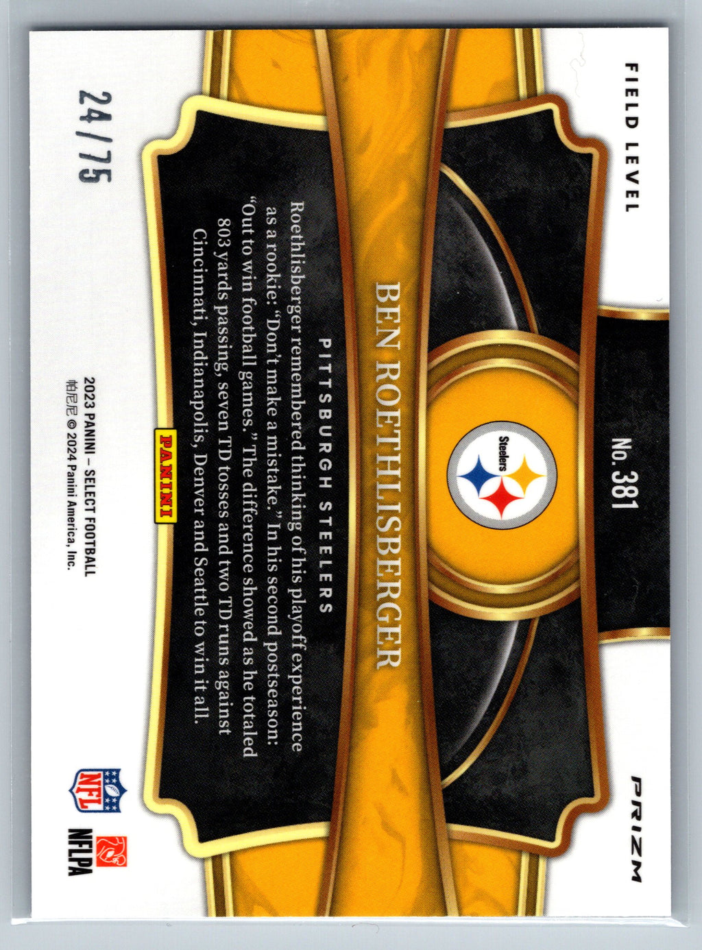 2023 Panini Select Ben Roethlisberger Tri-Color Field Level /75 #381